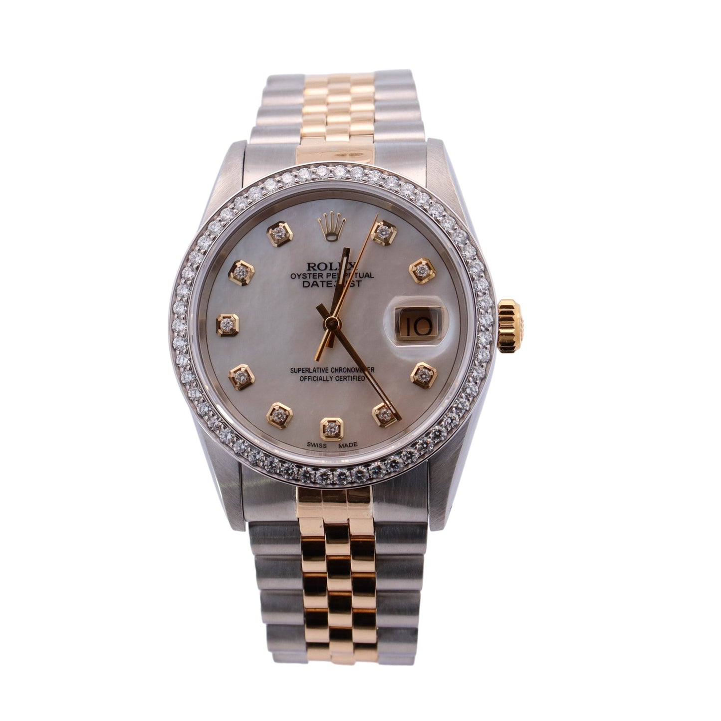 Rolex Datejust Two Tone Yellow Gold &  Stainless Steel 36mm Custom White MOP Diamond Dial Watch Reference# 16233 - Happy Jewelers Fine Jewelry Lifetime Warranty
