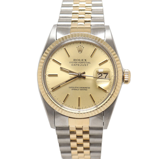 Rolex Datejust Yellow Gold & Stainless Steel 36mm Champagne Stick Dial Watch Reference# 16013 - Happy Jewelers Fine Jewelry Lifetime Warranty