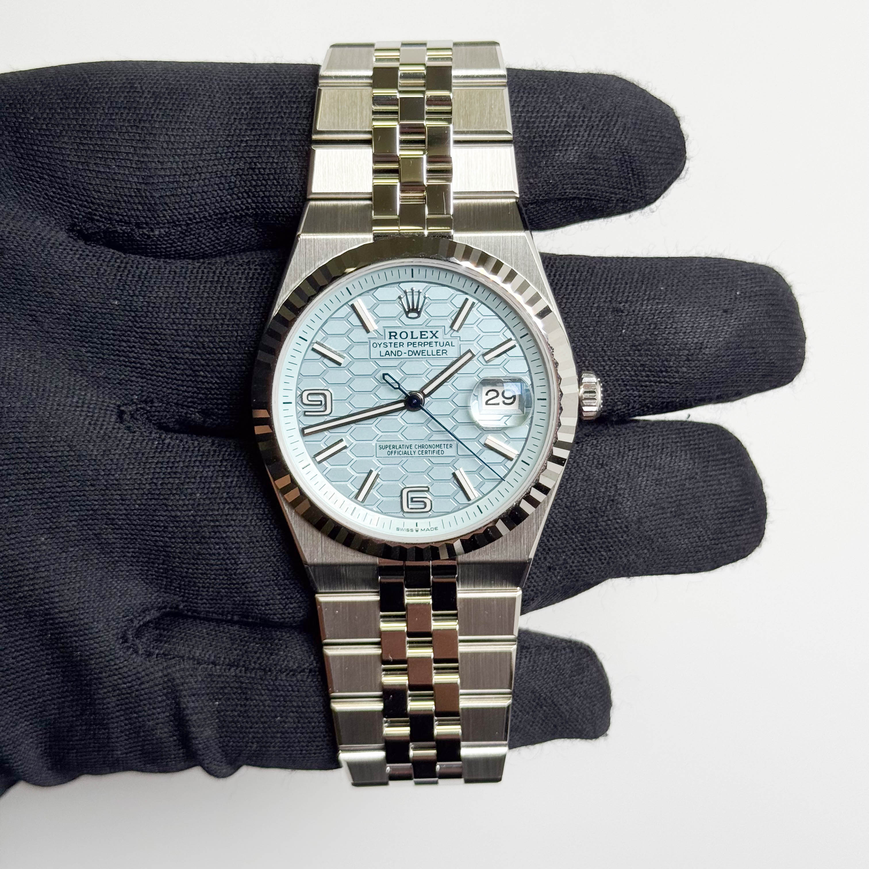 Rolex Land-Dweller Platinum 40mm Ice Blue Honeycomb Dial Watch Ref# 127336 - Happy Jewelers Fine Jewelry Lifetime Warranty