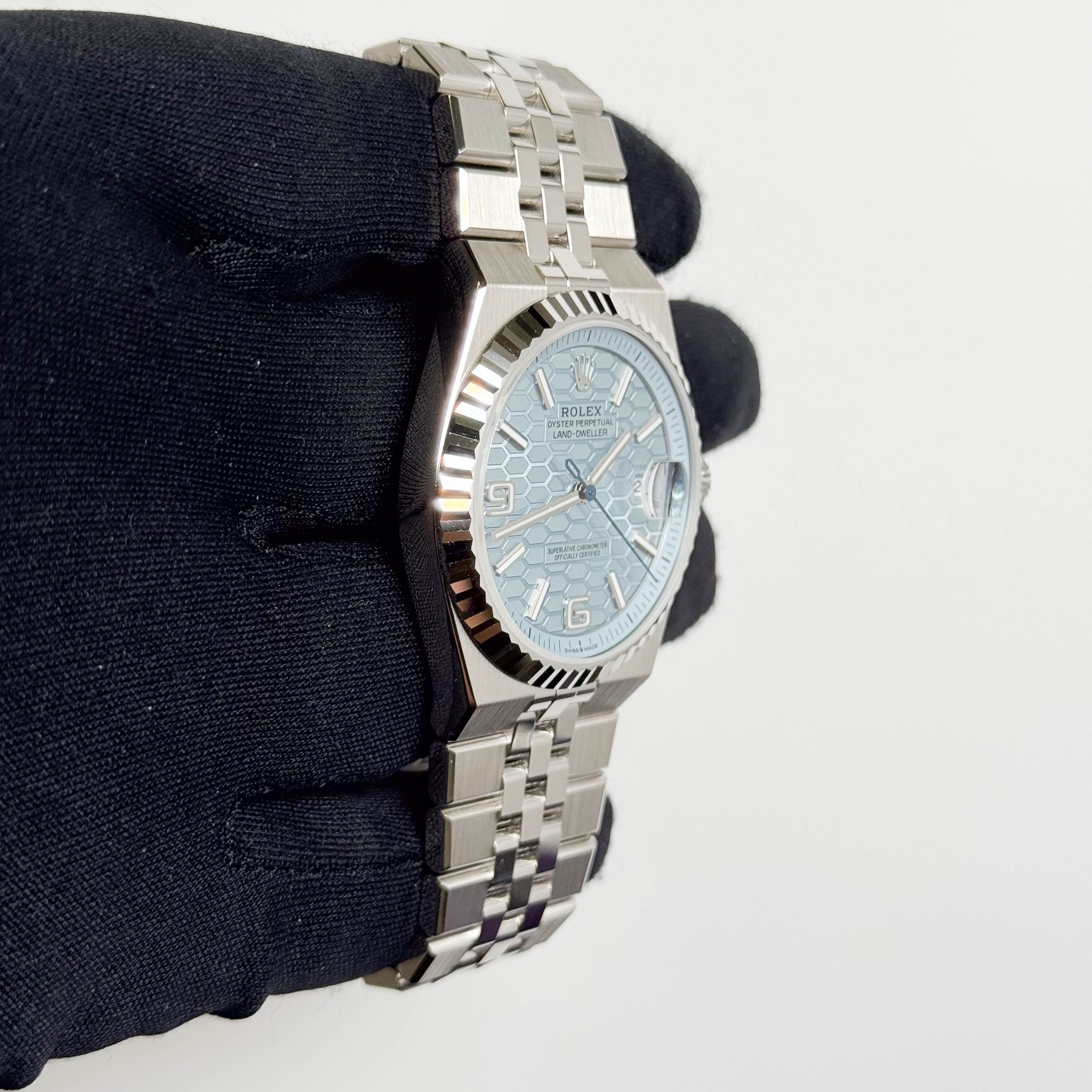 Rolex Land-Dweller Platinum 40mm Ice Blue Honeycomb Dial Watch Ref# 127336 - Happy Jewelers Fine Jewelry Lifetime Warranty