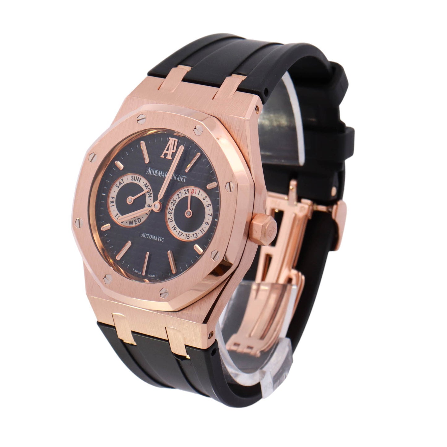 Audemars Piguet Royal Oak Day-Date "Owl" Rose Gold 39mm Black Stick Dial Watch Reference# 26330OR.OO.D088CR.01 - Happy Jewelers Fine Jewelry Lifetime Warranty