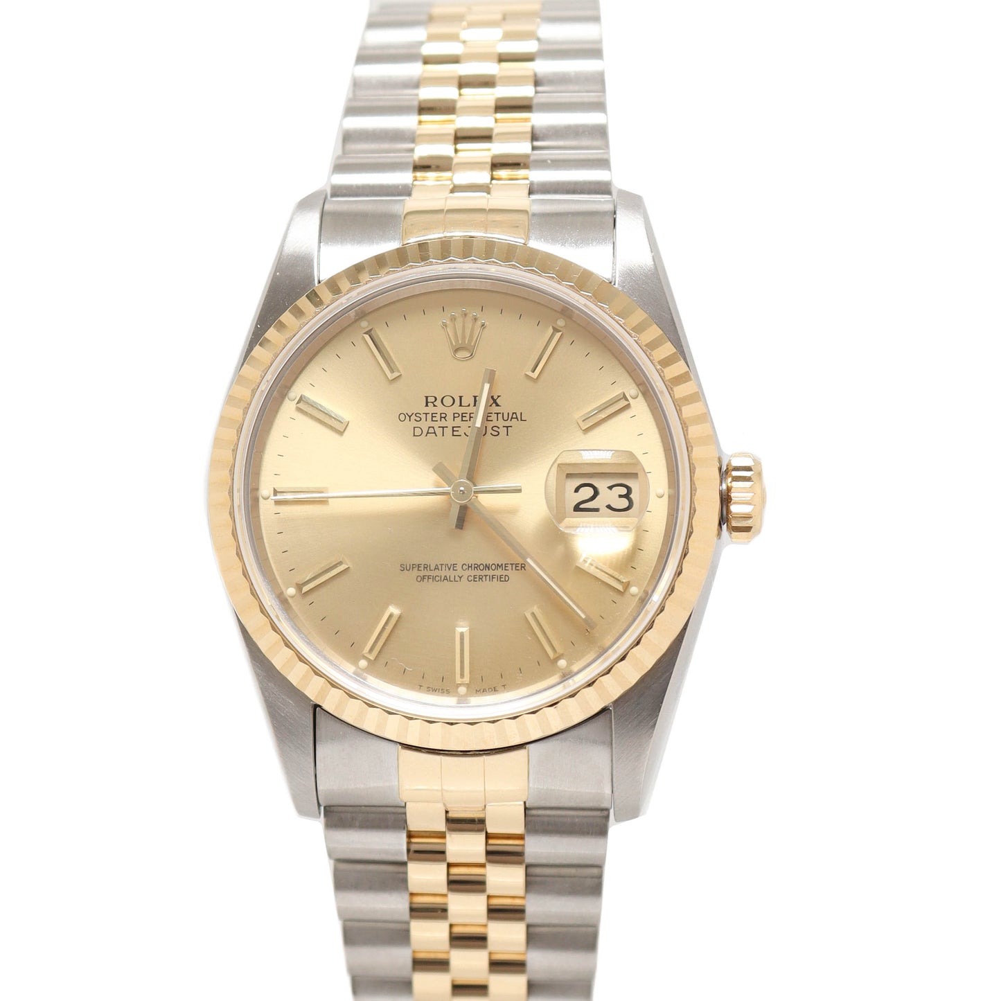 Rolex Datejust Two Tone Yellow Gold & Steel 36mm Champagne Stick Dial Watch  Reference # 16233 - Happy Jewelers Fine Jewelry Lifetime Warranty
