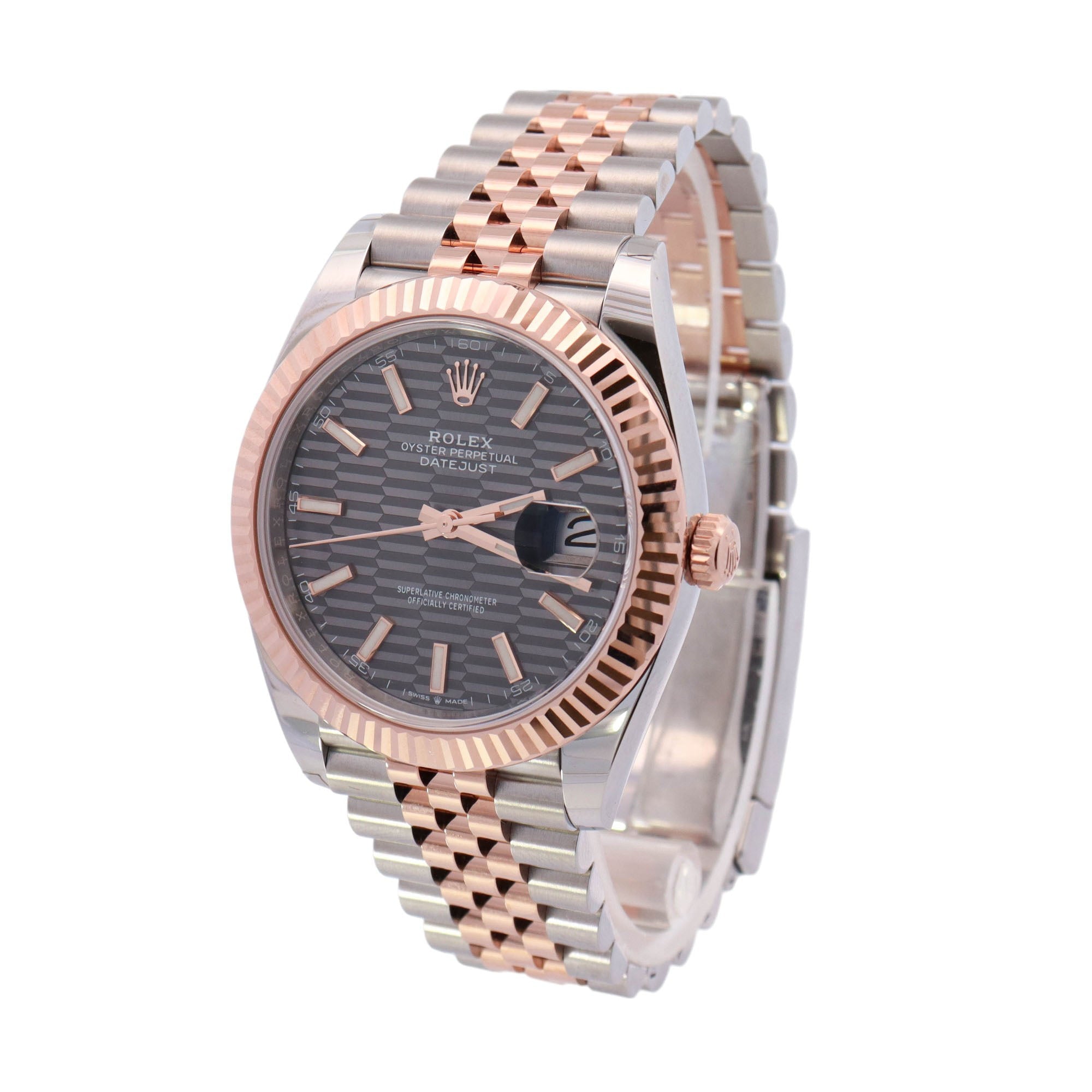 Rolex Datejust Two-Tone Stainless Steel & Rose Gold 41mm Rhodium Motif Stick Dial Watch Reference# 126331 - Happy Jewelers Fine Jewelry Lifetime Warranty