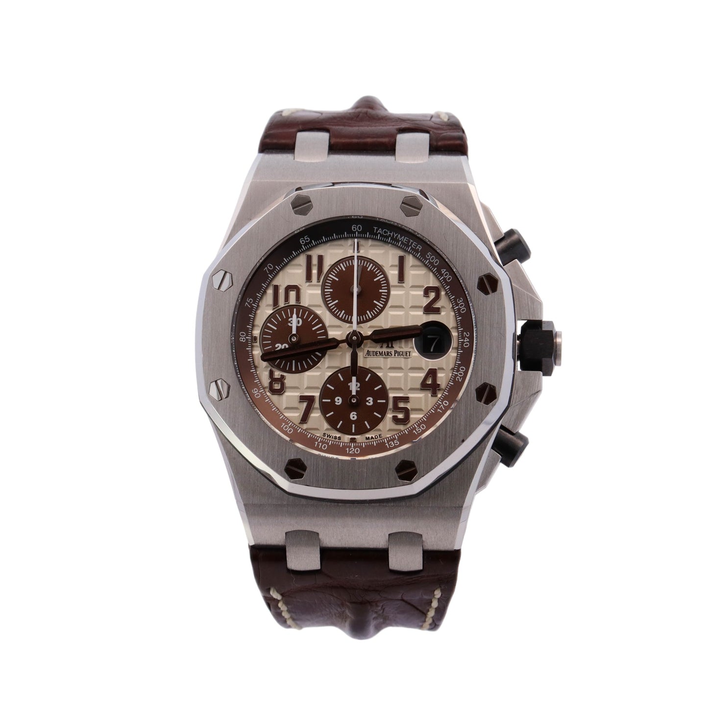 Audemars Piguet Royal Oak Offshore Stainless Steel 42mm Brown and Tan Chronograph Dial Watch Reference# 26470ST.OO.A801CR.01 - Happy Jewelers Fine Jewelry Lifetime Warranty