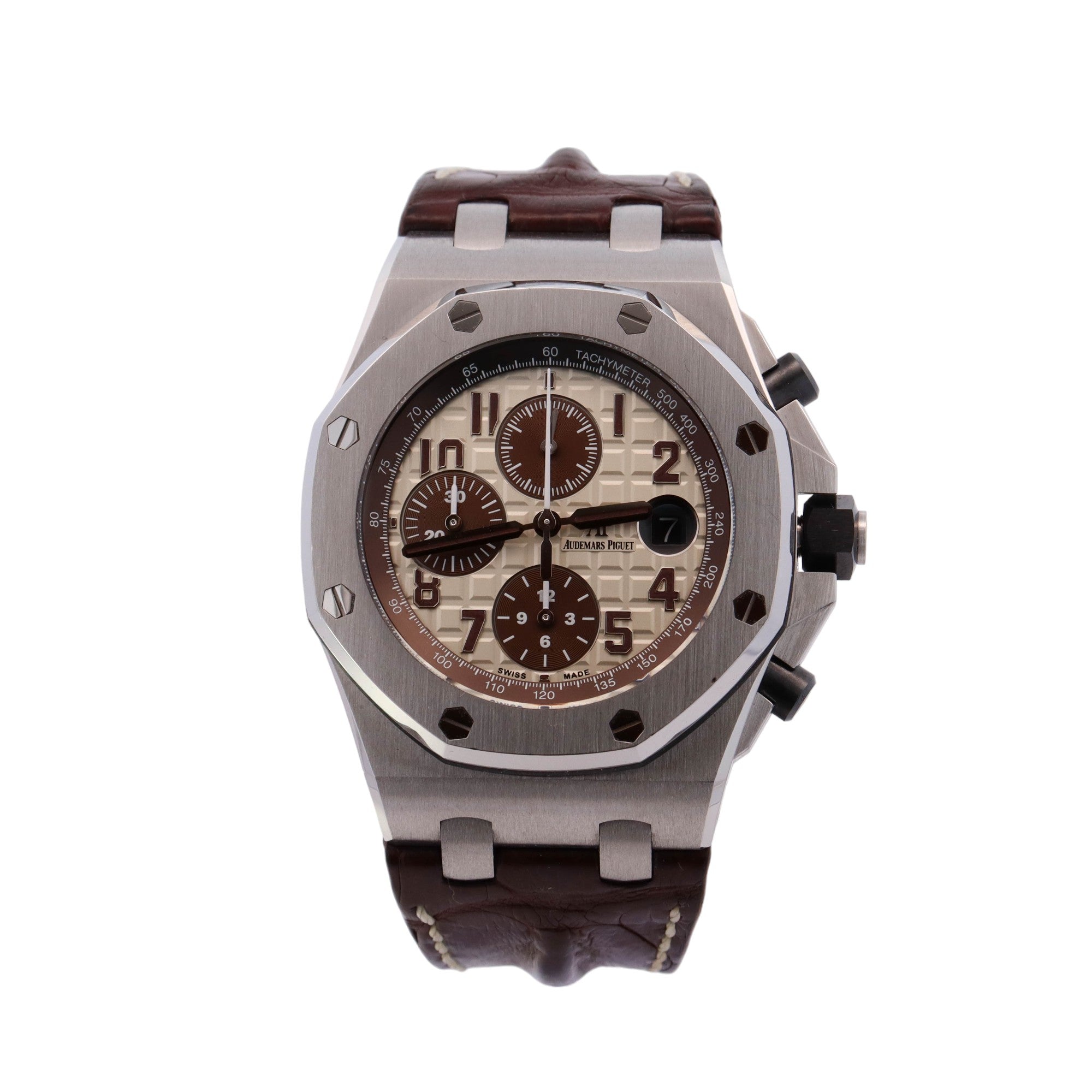 Audemar Piguet Royal Oak Offshore Stainless Steel 42mm Tan Chronograph Dial Watch Reference #: 26470ST.OO.A801CR.01 - Happy Jewelers Fine Jewelry Lifetime Warranty