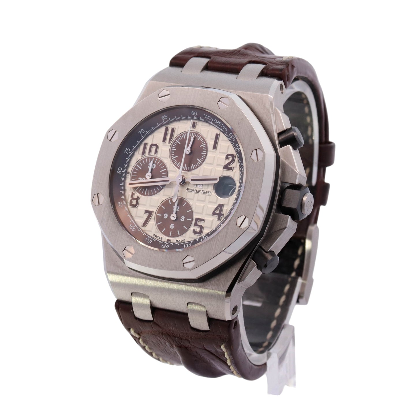 Audemar Piguet Royal Oak Offshore Stainless Steel 42mm Tan Chronograph Dial Watch Reference #: 26470ST.OO.A801CR.01 - Happy Jewelers Fine Jewelry Lifetime Warranty