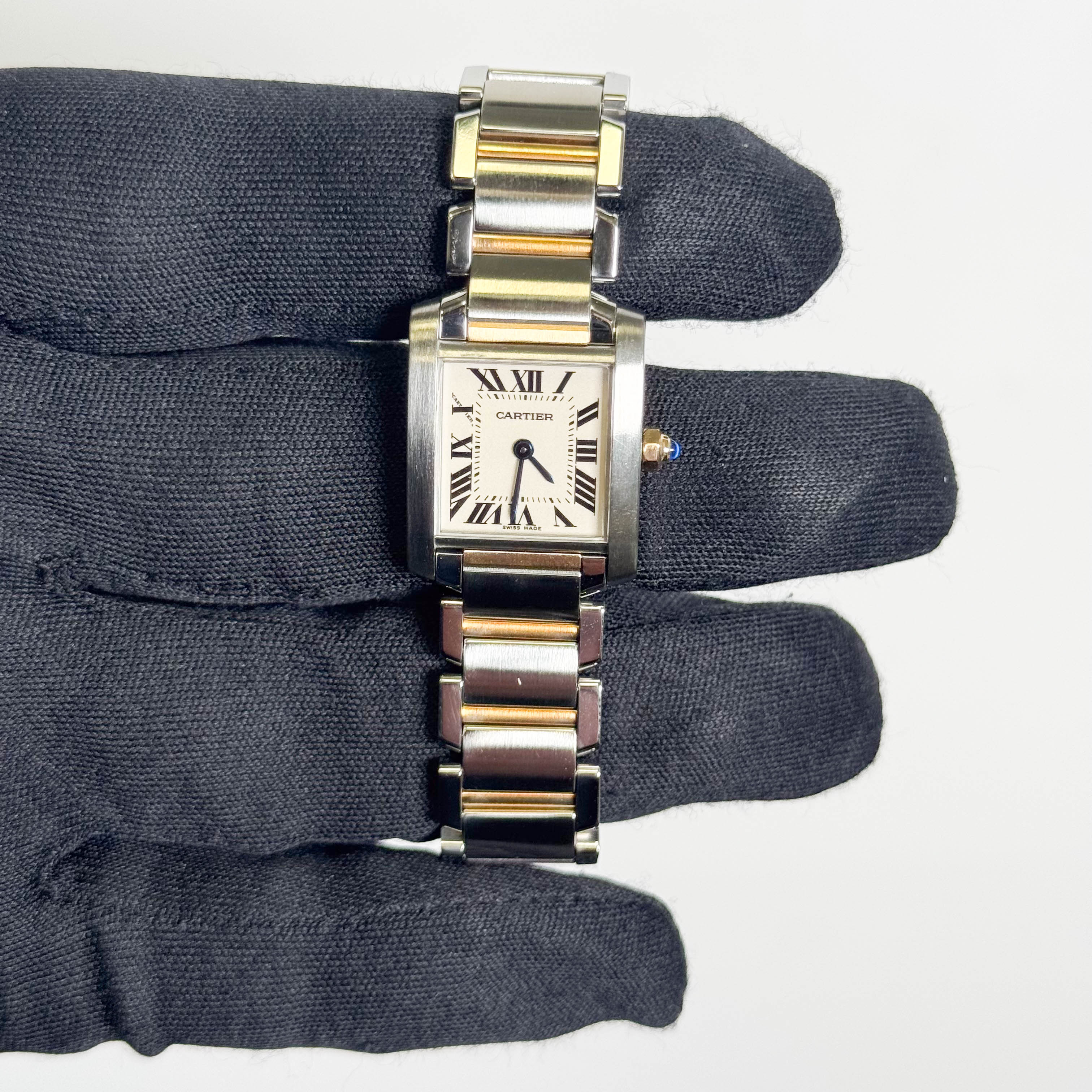 Cartier Tank Two-Tone Yellow Gold & Steel 25x20mm White Dial Watch Ref# W51007Q4 - Happy Jewelers Fine Jewelry Lifetime Warranty
