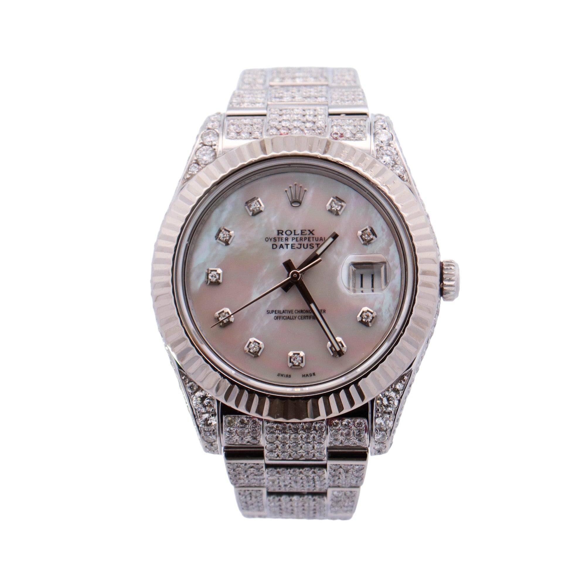 Rolex Datejust Stainless Steel Iced Out 41mm White MOP Diamond Dial Watch Reference# 116300 - Happy Jewelers Fine Jewelry Lifetime Warranty