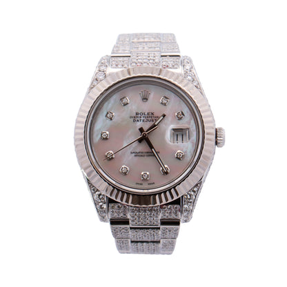 Rolex Datejust Stainless Steel Iced Out 41mm White MOP Diamond Dial Watch Reference# 116300 - Happy Jewelers Fine Jewelry Lifetime Warranty