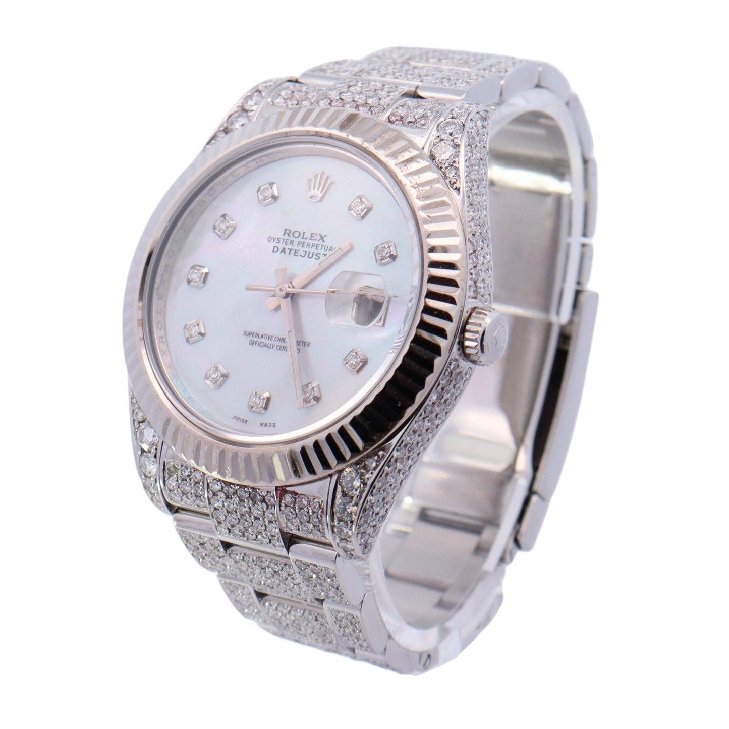 Rolex Datejust Stainless Steel Iced Out 41mm White MOP Diamond Dial Watch Reference# 116300 - Happy Jewelers Fine Jewelry Lifetime Warranty