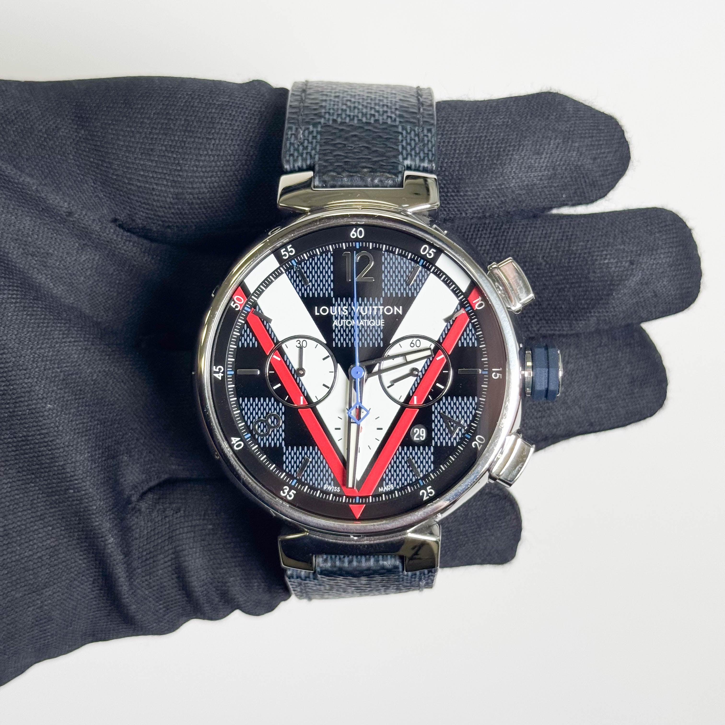 Louis Vuitton Tambour 46mm Blue/Black/White/Red Dial Watch Ref# QA076 - Happy Jewelers Fine Jewelry Lifetime Warranty