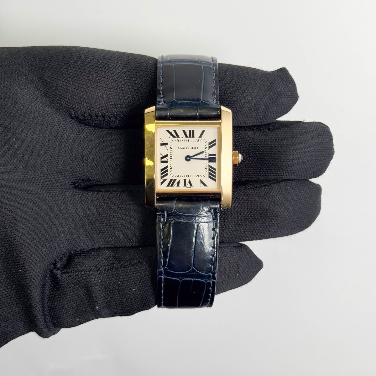 Cartier Tank Francaise Yellow Gold 25mm x 30mm Ivory Roman Dial Watch Yellow Gold Bezel Blue Leather Strap