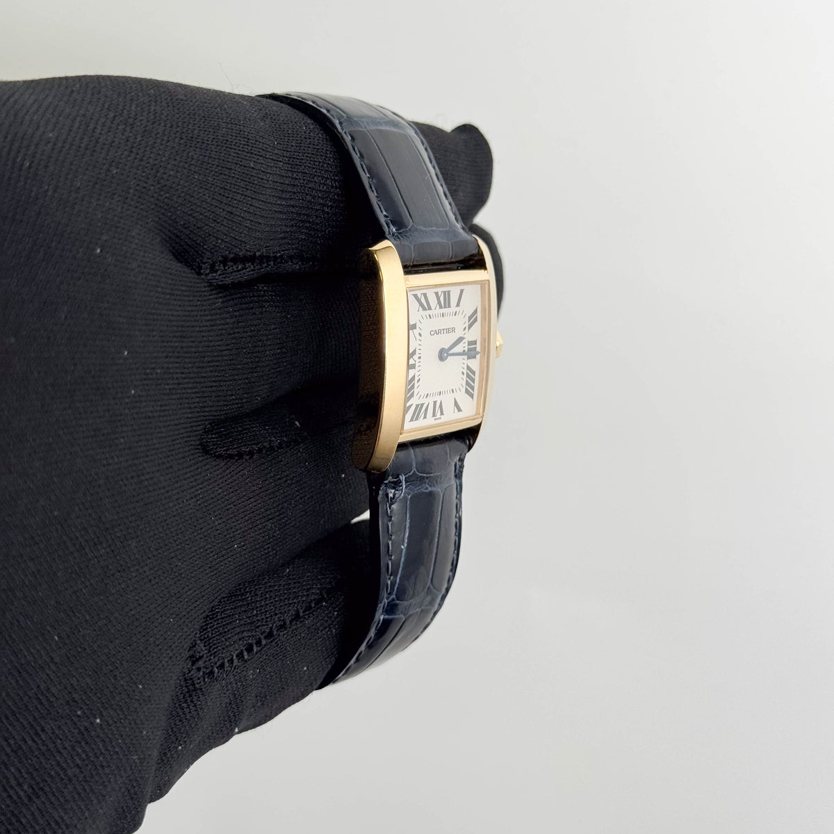 Cartier Tank Francaise Yellow Gold 25mm x 30mm Ivory Roman Dial Watch Yellow Gold Bezel Blue Leather Strap