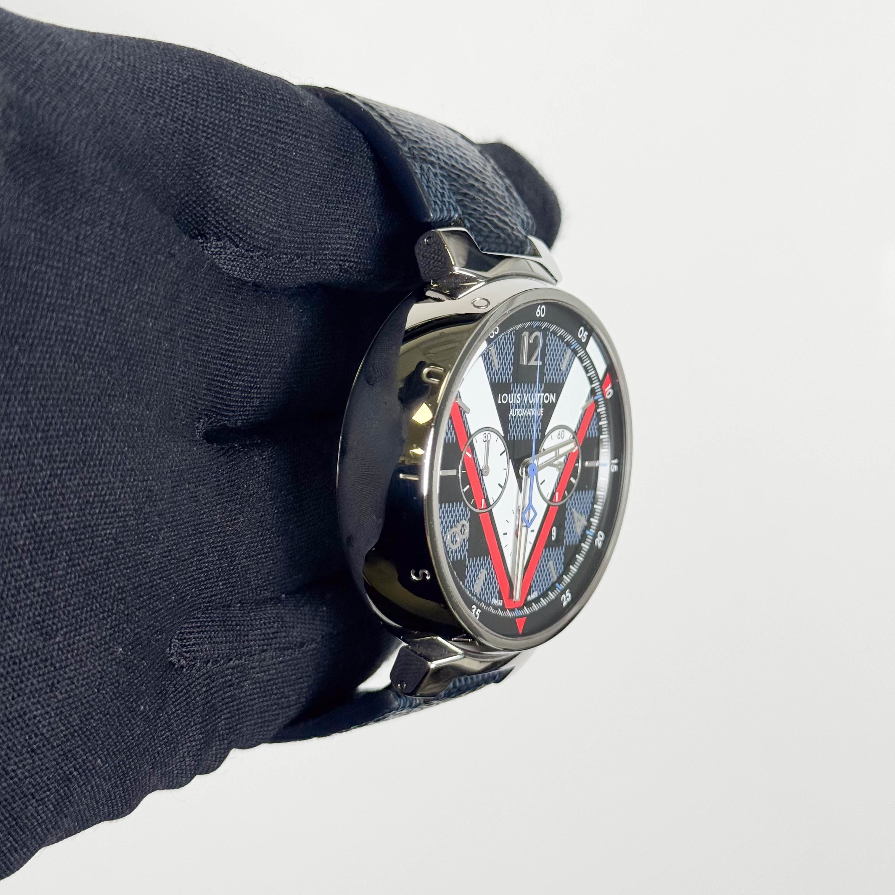 Louis Vuitton Tambour 46mm Blue/Black/White/Red Dial Watch Ref# QA076 - Happy Jewelers Fine Jewelry Lifetime Warranty