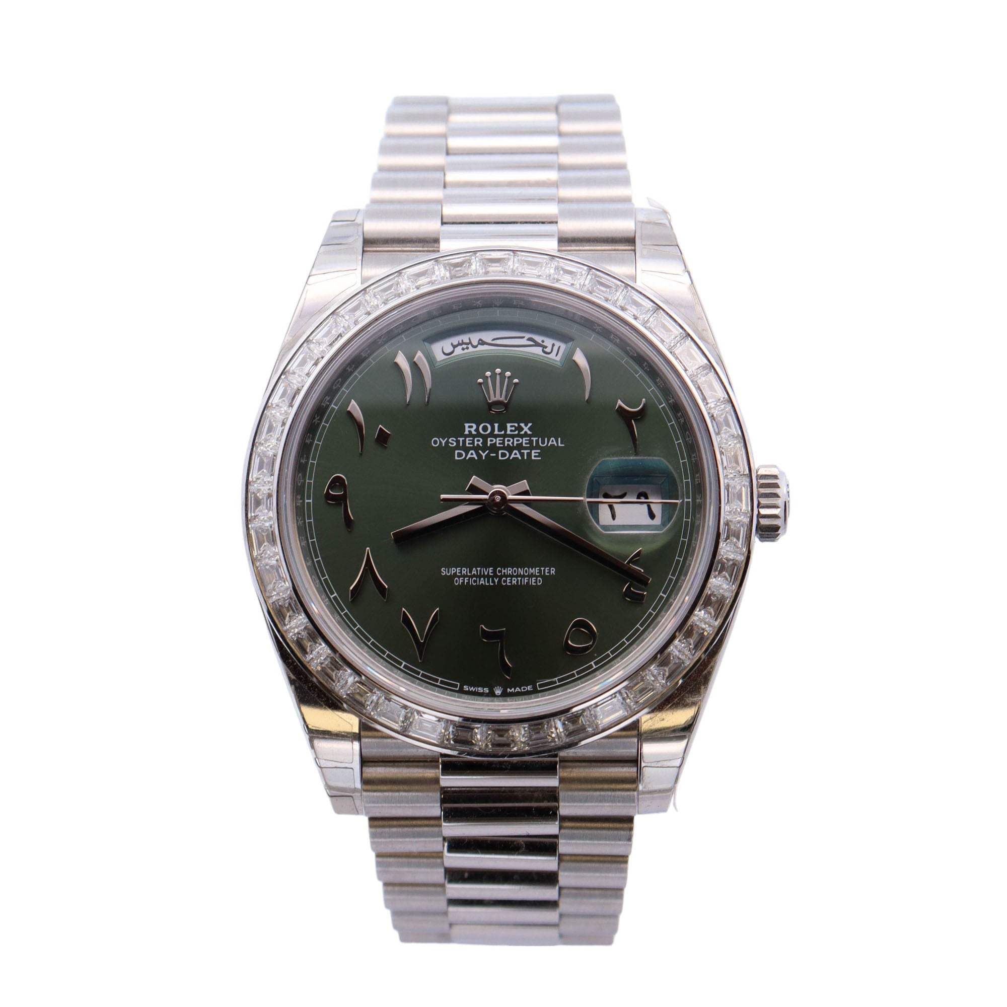 Rolex Day-Date Platinum 40mm Green Arabic Numeral Dial Watch Reference# 228396TBR - Happy Jewelers Fine Jewelry Lifetime Warranty