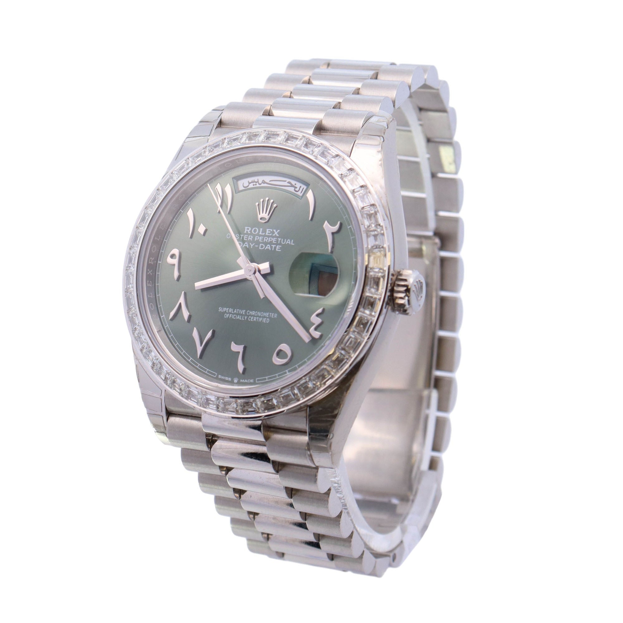 Rolex Day-Date Platinum 40mm Green Arabic Numeral Dial Watch Reference# 228396TBR - Happy Jewelers Fine Jewelry Lifetime Warranty