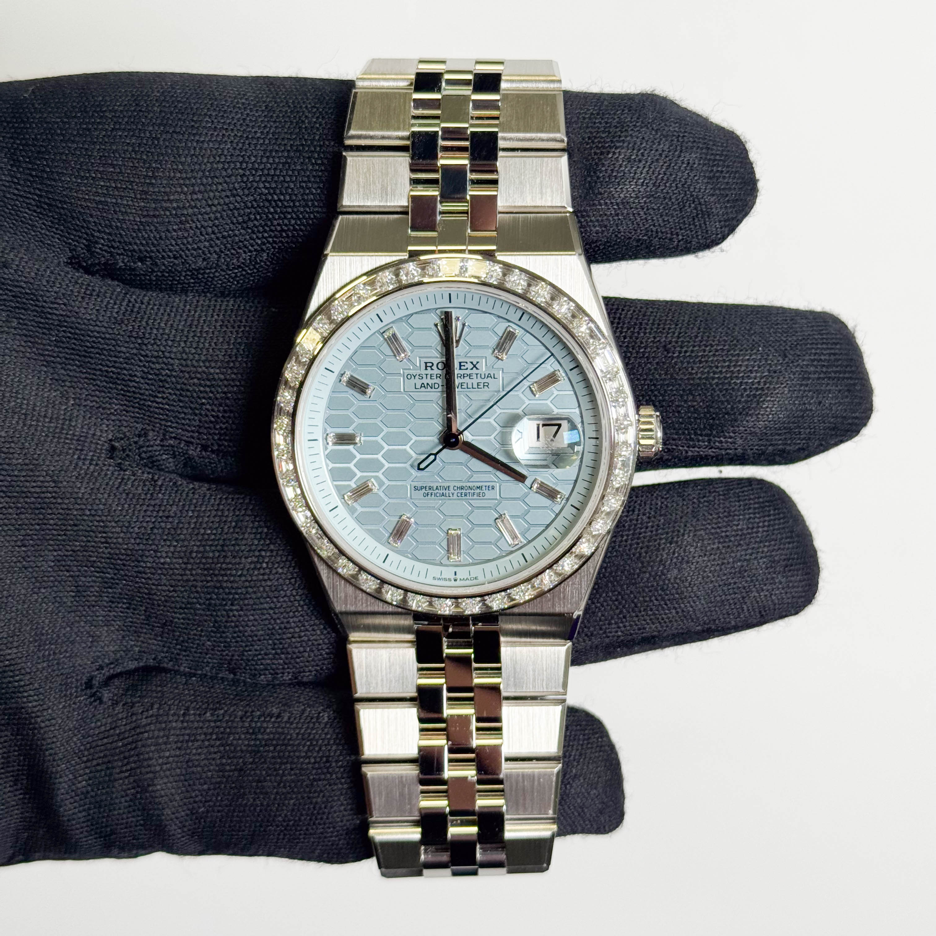 Rolex Land-Dweller Platinum 40mm Ice Blue Honeycomb Dial Watch Ref# 127386TBR - Happy Jewelers Fine Jewelry Lifetime Warranty