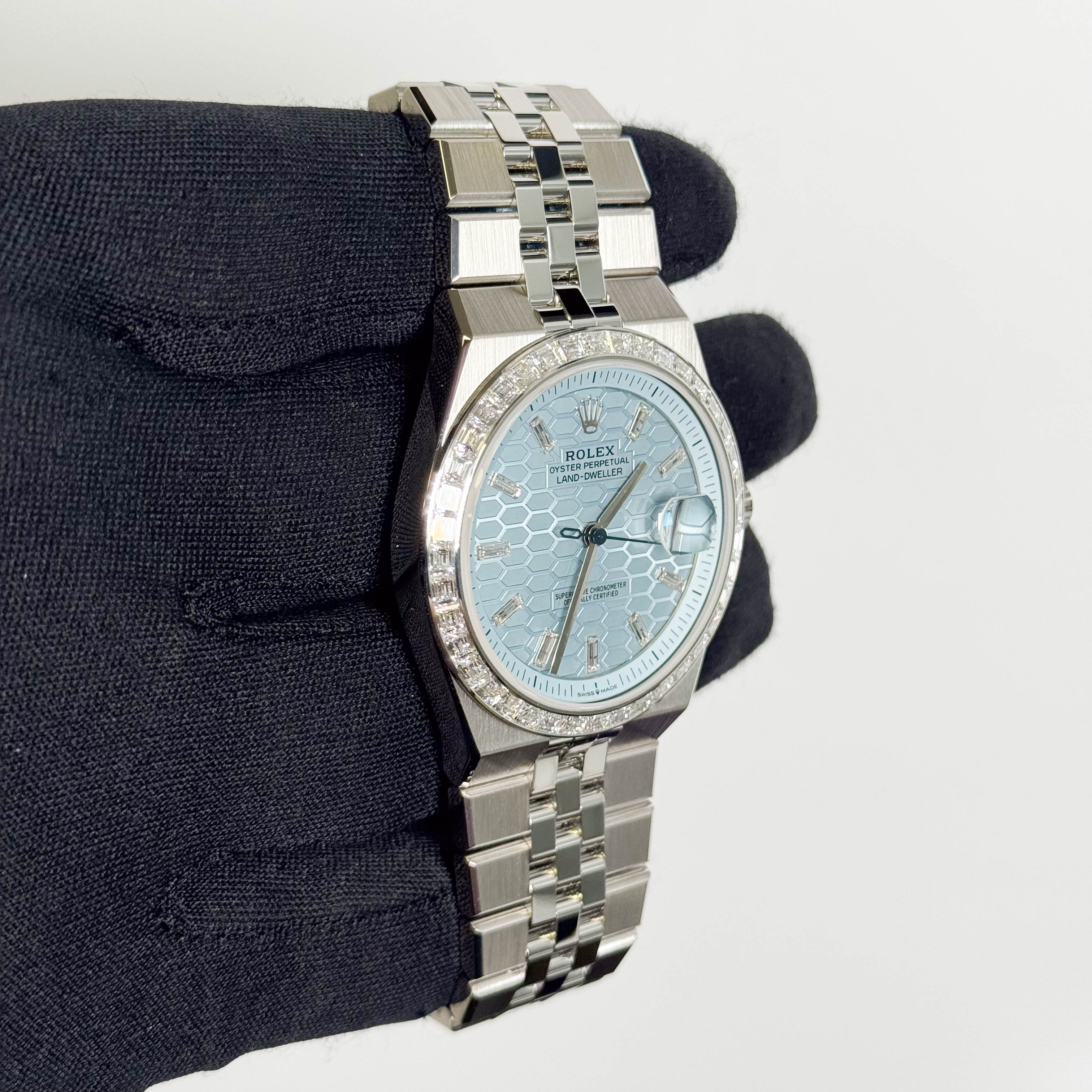 Rolex Land-Dweller Platinum 40mm Ice Blue Honeycomb Dial Watch Ref# 127386TBR - Happy Jewelers Fine Jewelry Lifetime Warranty