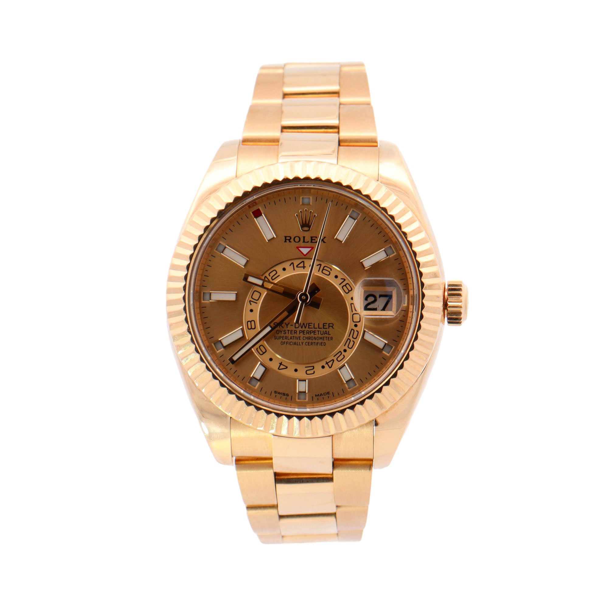 Rolex Sky Dweller Yellow Gold 42mm Champagne Stick Dial Watch Reference# 326938 - Happy Jewelers Fine Jewelry Lifetime Warranty