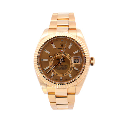 Rolex Sky Dweller Yellow Gold 42mm Champagne Stick Dial Watch Reference# 326938 - Happy Jewelers Fine Jewelry Lifetime Warranty
