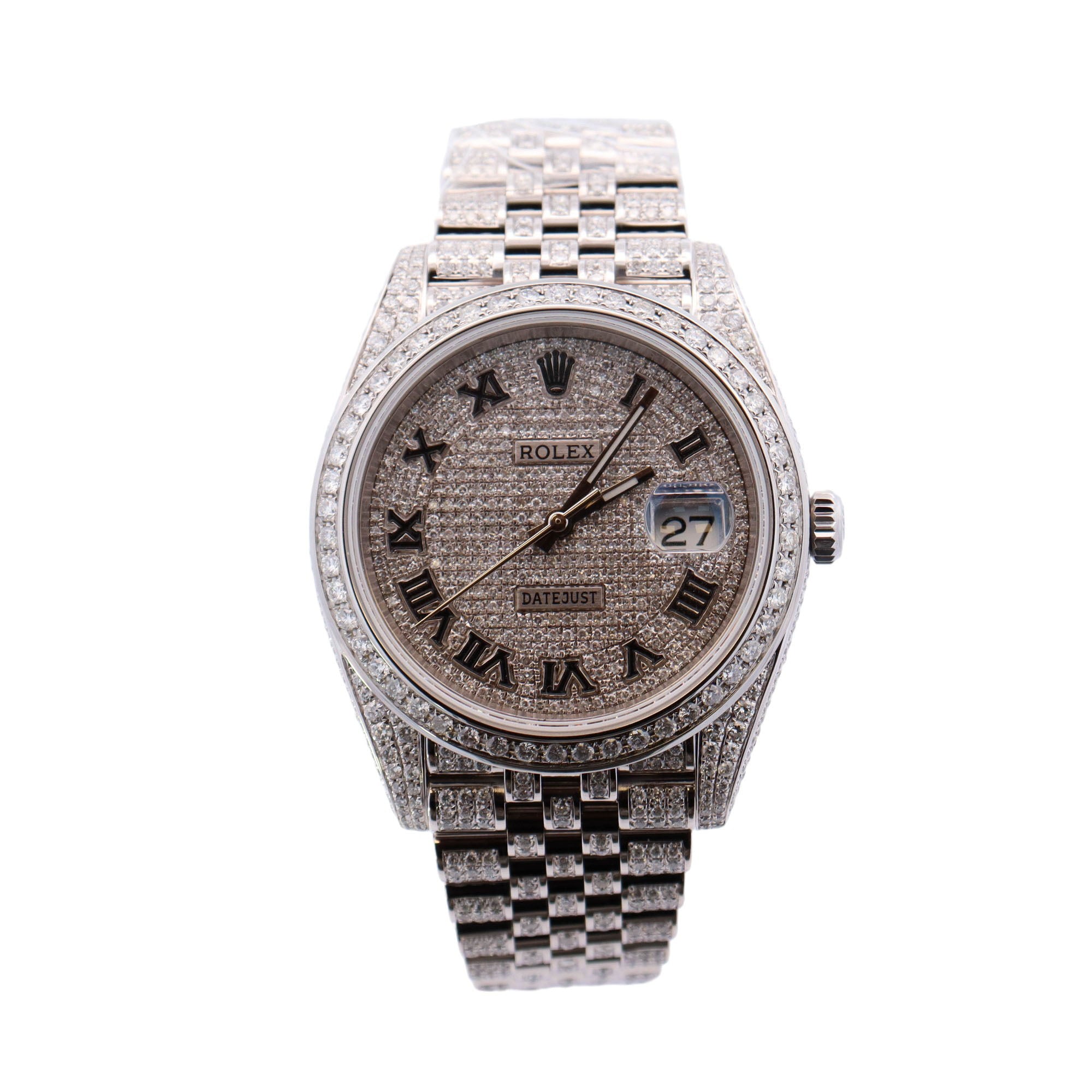 Rolex Datejust Stainless Steel "Iced Out" 41mm Aftermarket Pave Diamond Roman Dial Watch Ref# 126300 - Happy Jewelers Fine Jewelry Lifetime Warranty