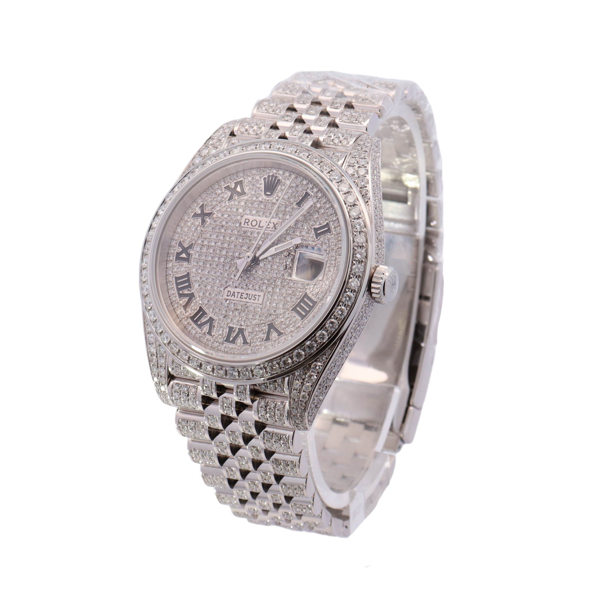 Rolex Datejust Stainless Steel "Iced Out" 41mm Aftermarket Pave Diamond Roman Dial Watch Ref# 126300 - Happy Jewelers Fine Jewelry Lifetime Warranty