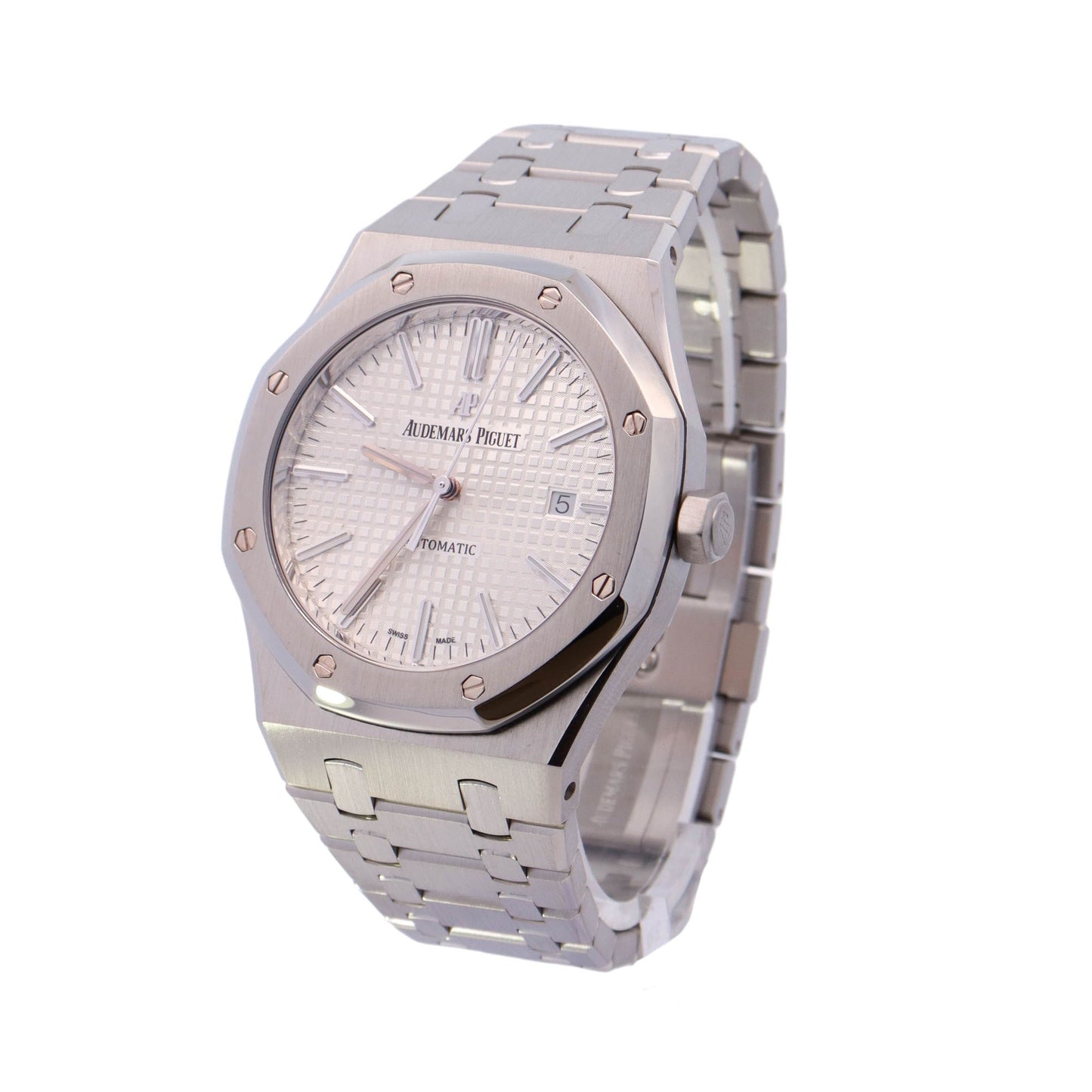 Audemars Piguet Men's Royal Oak Stainless Steel 41mm White "Grand Tappiserie" Stick Dial Watch Reference #: 15400ST.OO.1220ST.02 - Happy Jewelers Fine Jewelry Lifetime Warranty