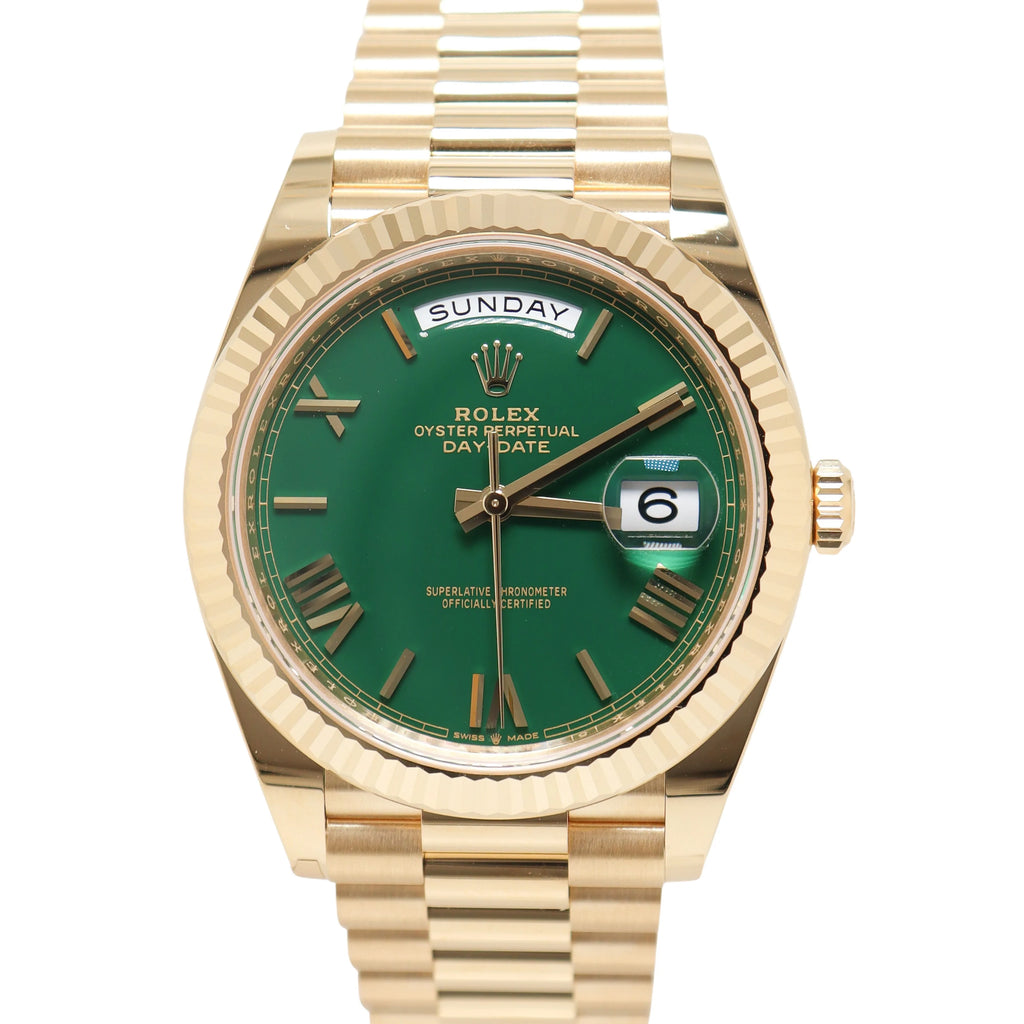 Rolex Day Date 40mm Yellow Gold Green Roman Dial Watch Reference# 228238 - Happy Jewelers Fine Jewelry Lifetime Warranty