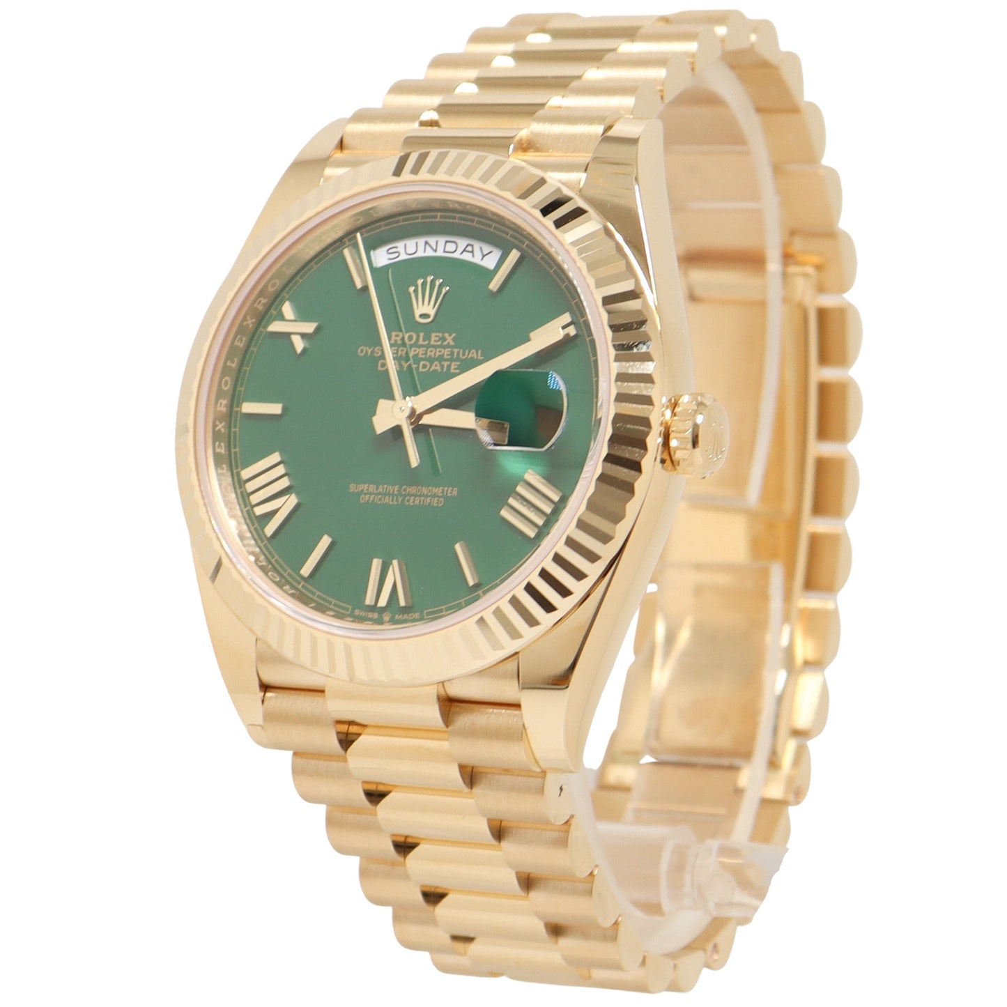 Rolex Men's Day Date Yellow Gold 40mm Green Roman Dial Watch Reference# 228238 - Happy Jewelers Fine Jewelry Lifetime Warranty