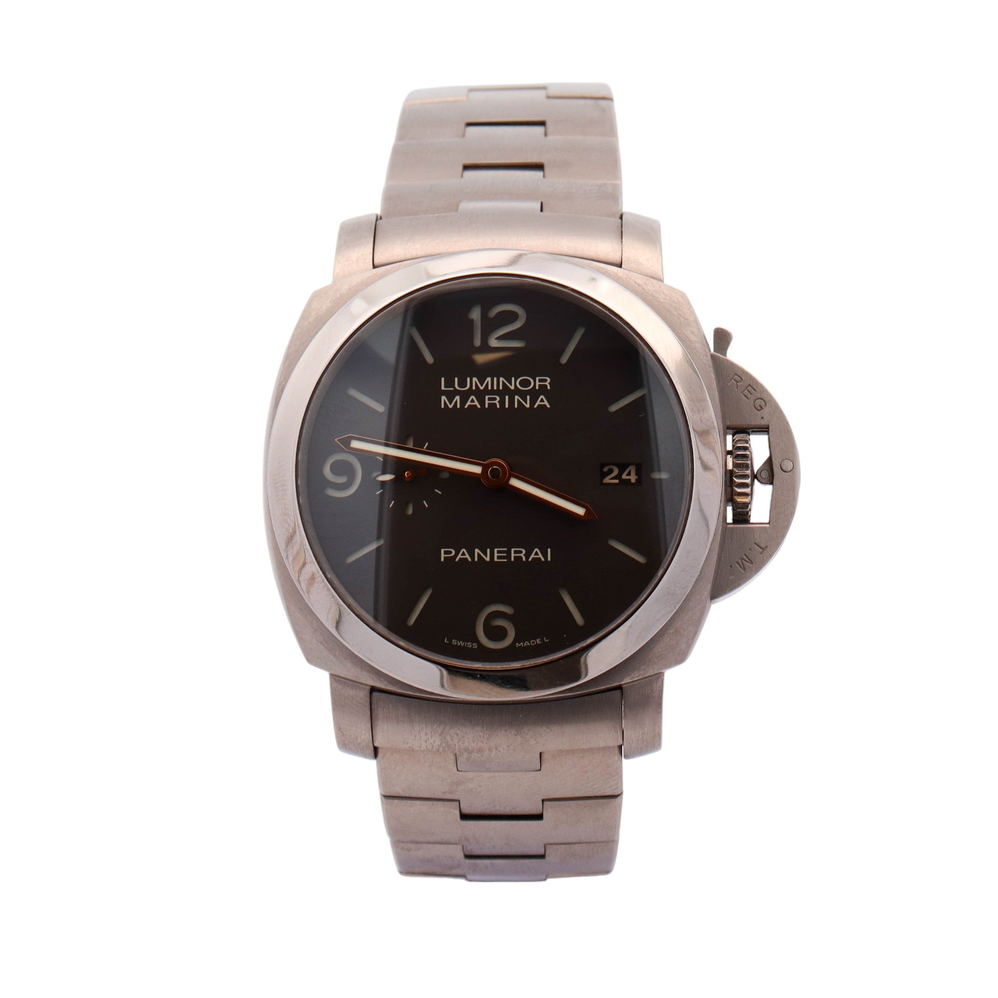 Panerai Luminor Marina Titanium 44mm Brown Roman & Stick Dial Watch Reference# PAM00352 - Happy Jewelers Fine Jewelry Lifetime Warranty