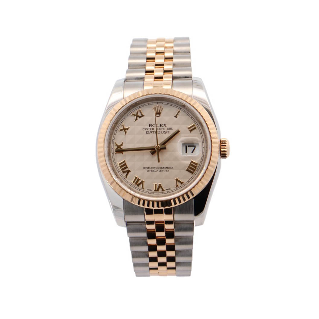 Rolex Datejust Two-Tone Stainless Steel & Yellow Gold 36mm White Pyramid Roman Dial Watch Internal SKU #: 590-13831 - Happy Jewelers Fine Jewelry Lifetime Warranty