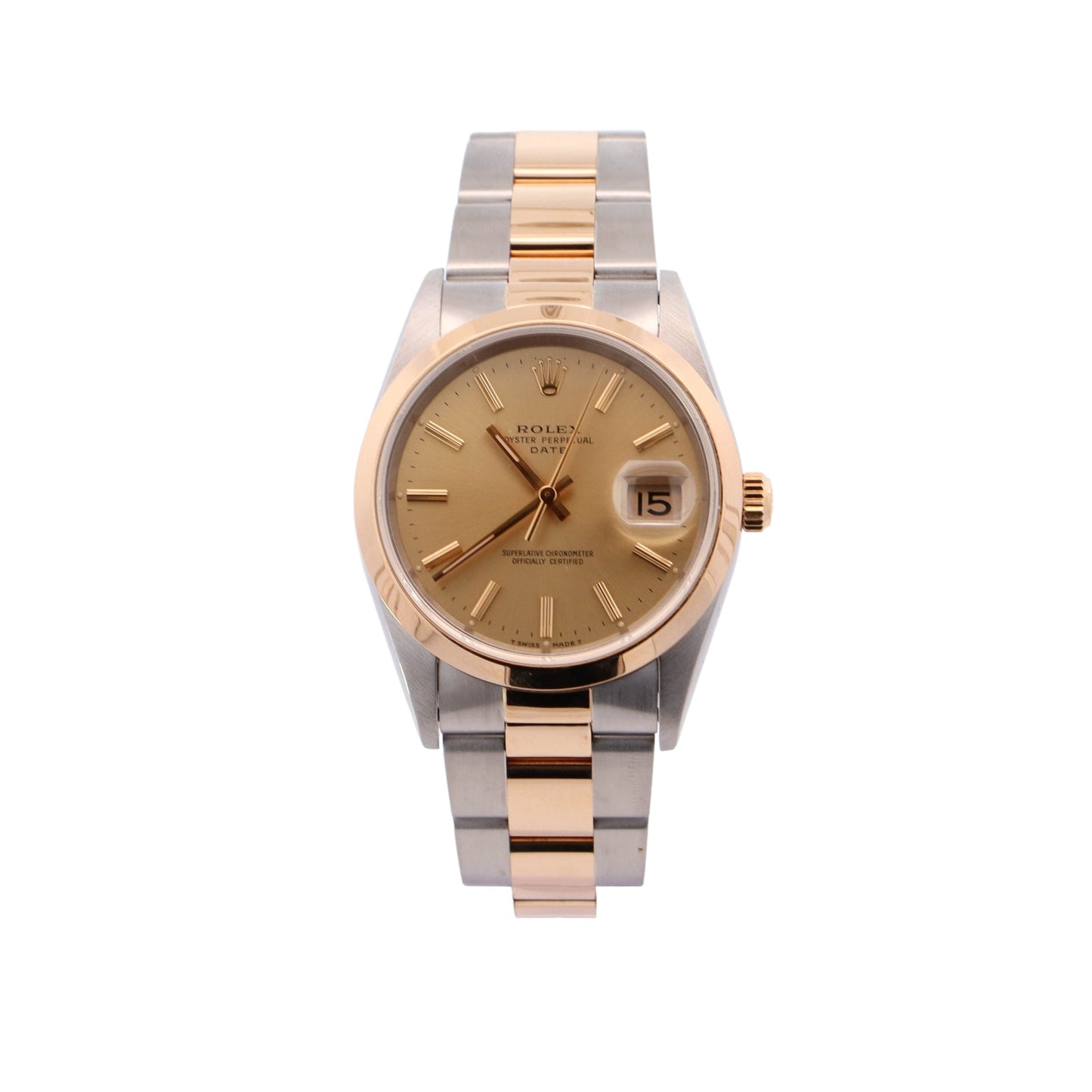 Rolex Oyster Perpetual Date Two Tone Yellow Gold & Steel 34mm Champagne Stick Dial Watch Reference# 15203 - Happy Jewelers Fine Jewelry Lifetime Warranty