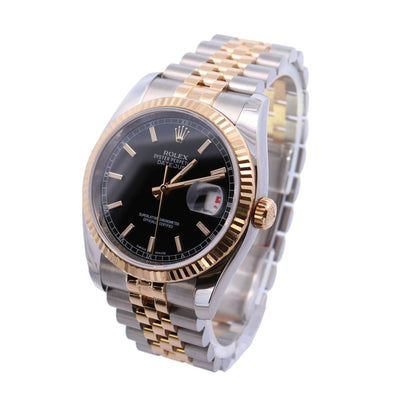 Rolex Datejust Two-Tone Stainless Steel & Yellow Gold 36mm Black Stick Dial Watch Reference# 116233 - Happy Jewelers Fine Jewelry Lifetime Warranty