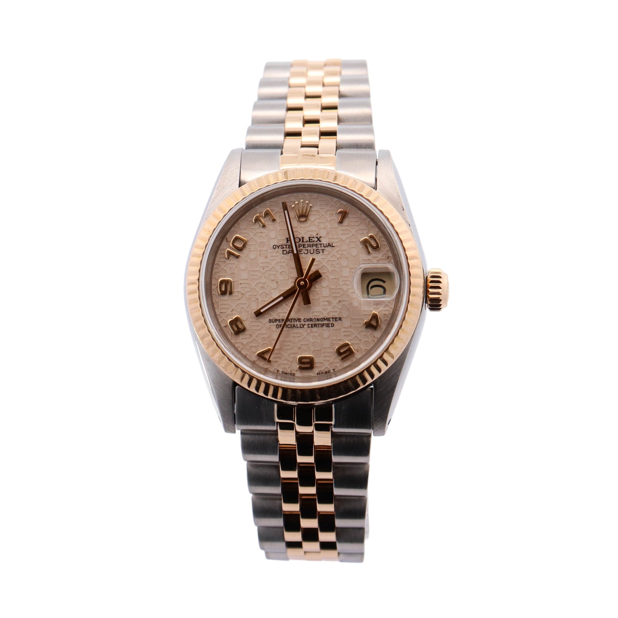 Rolex Datejust Two Tone Yellow Gold & Steel 31mm Ivory Arabic Jubilee Dial Watch Reference #: 68273 - Happy Jewelers Fine Jewelry Lifetime Warranty