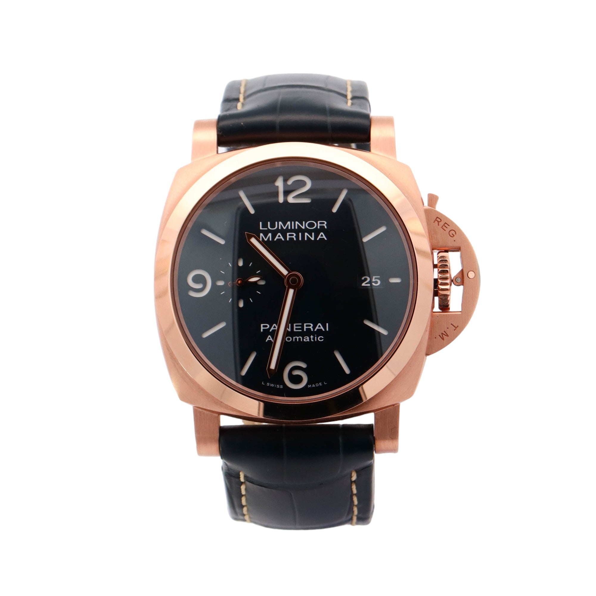 Panerai Luminor Rose Gold 44mm Blue Roman & Stick Dial Watch Reference# PAM01112 - Happy Jewelers Fine Jewelry Lifetime Warranty