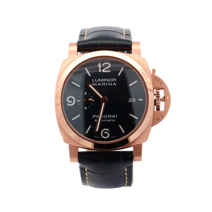 Panerai Luminor Rose Gold 44mm Blue Roman & Stick Dial Watch Reference# PAM01112 - Happy Jewelers Fine Jewelry Lifetime Warranty