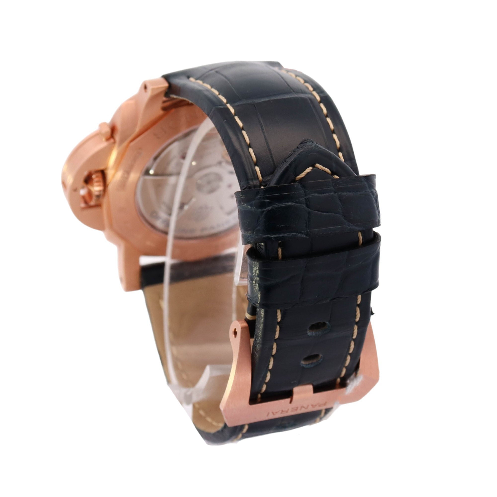 Panerai Luminor Rose Gold 44mm Blue Roman & Stick Dial Watch Reference# PAM01112 - Happy Jewelers Fine Jewelry Lifetime Warranty