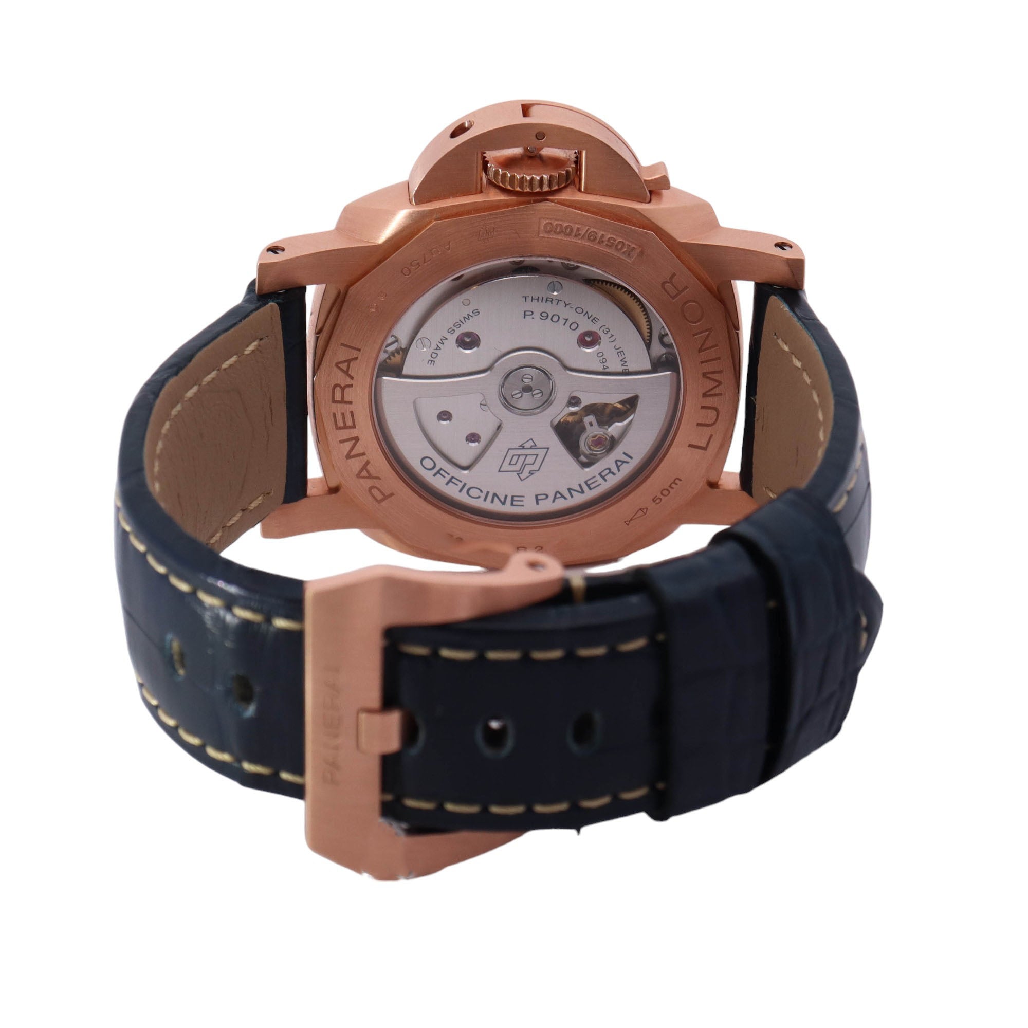 Panerai Luminor Rose Gold 44mm Blue Roman & Stick Dial Watch Reference# PAM01112 - Happy Jewelers Fine Jewelry Lifetime Warranty