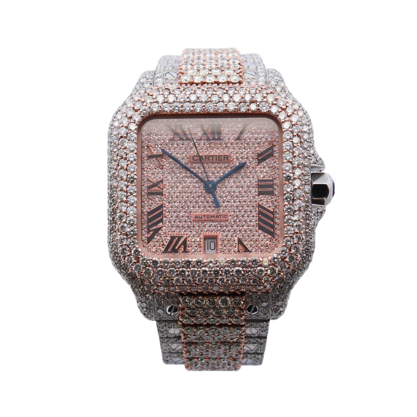 Cartier Santos Iced Out Two-Tone Steel & Rose Gold 39.8mm Iced Out Roman Dial Watch Reference #: WSSA0018 - Happy Jewelers Fine Jewelry Lifetime Warranty