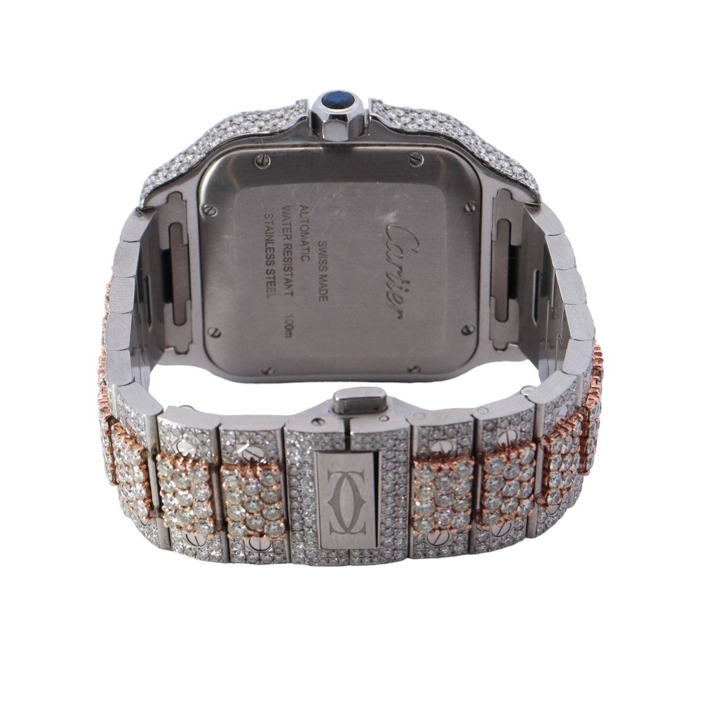 Cartier Santos Iced Out Two-Tone Steel & Rose Gold 39.8mm Iced Out Roman Dial Watch Reference #: WSSA0018 - Happy Jewelers Fine Jewelry Lifetime Warranty