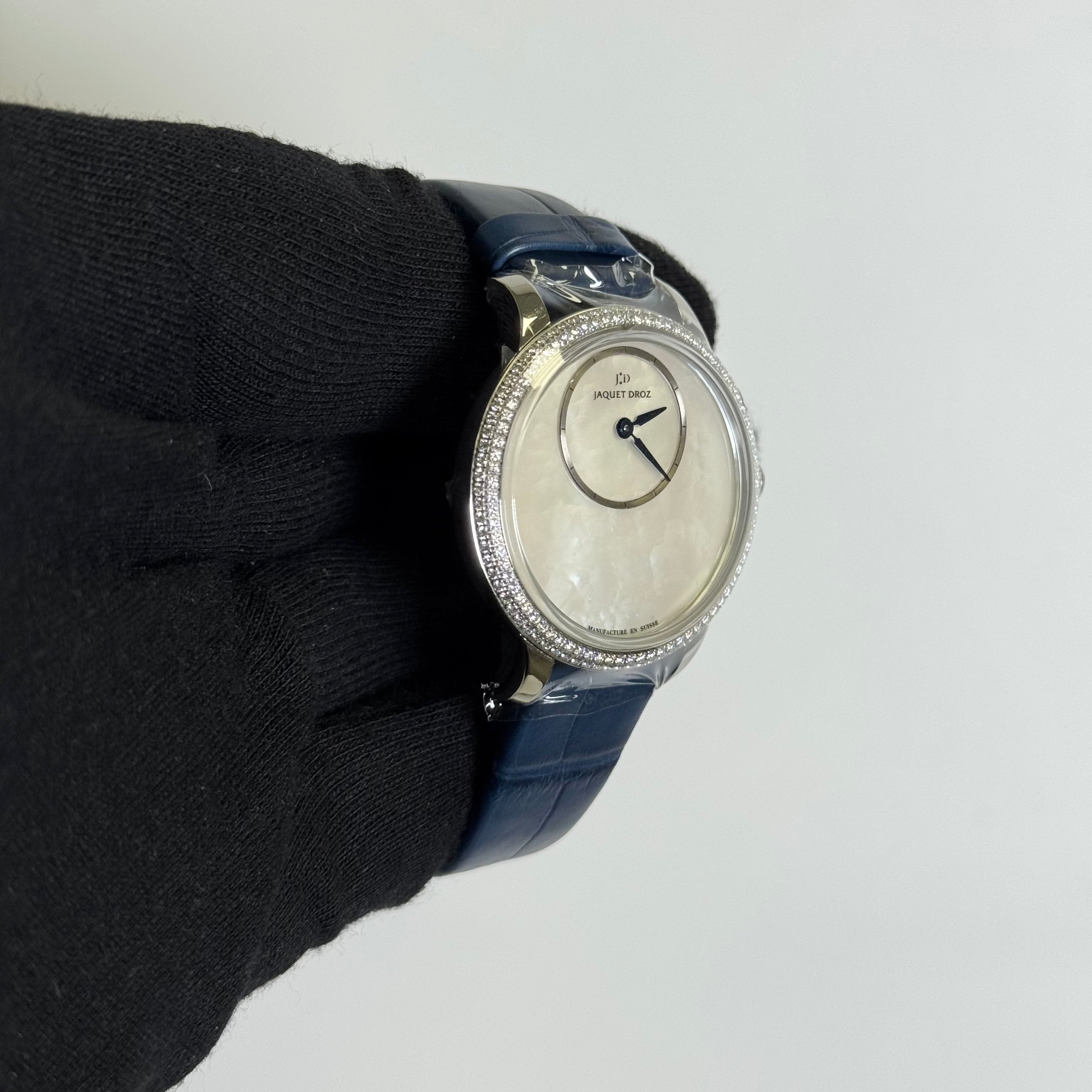 Jaquet Droz Petite Heure Minute 35mm White MOP Dial Watch Ref# J005000274 - Happy Jewelers Fine Jewelry Lifetime Warranty