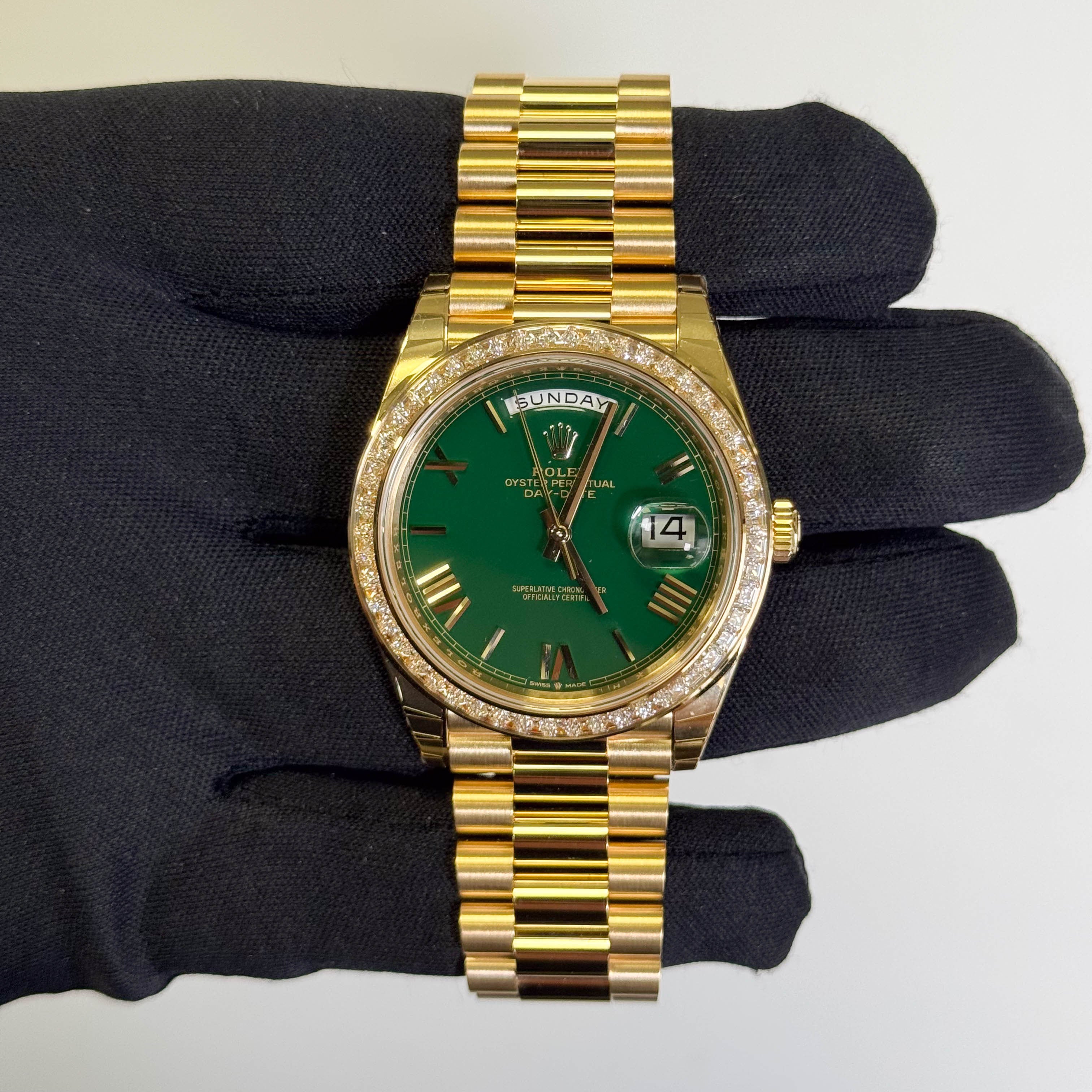 Rolex Day-Date Yellow Gold 40mm Green Dial Watch Ref# 228398TBR - Happy Jewelers Fine Jewelry Lifetime Warranty