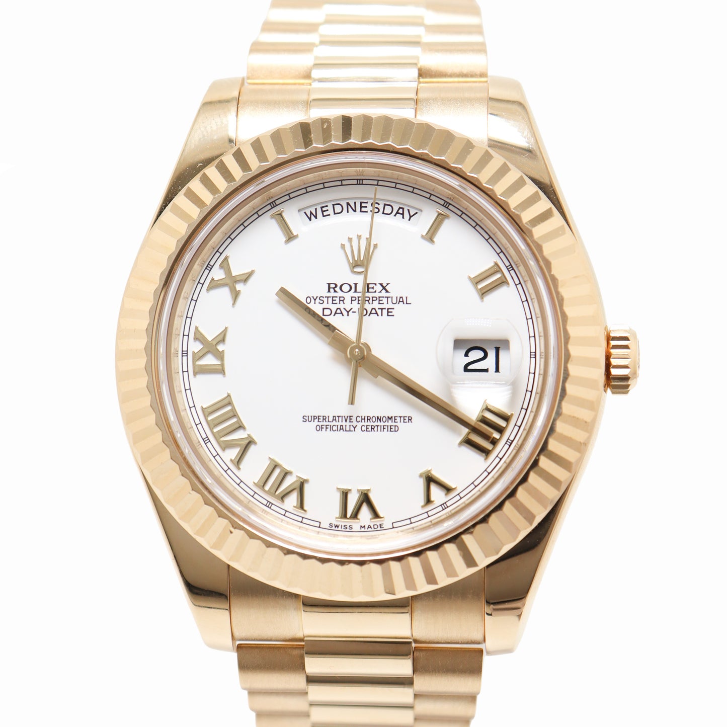 Rolex Day Date 41 Yellow Gold White Roman Dial Watch Reference# 218238