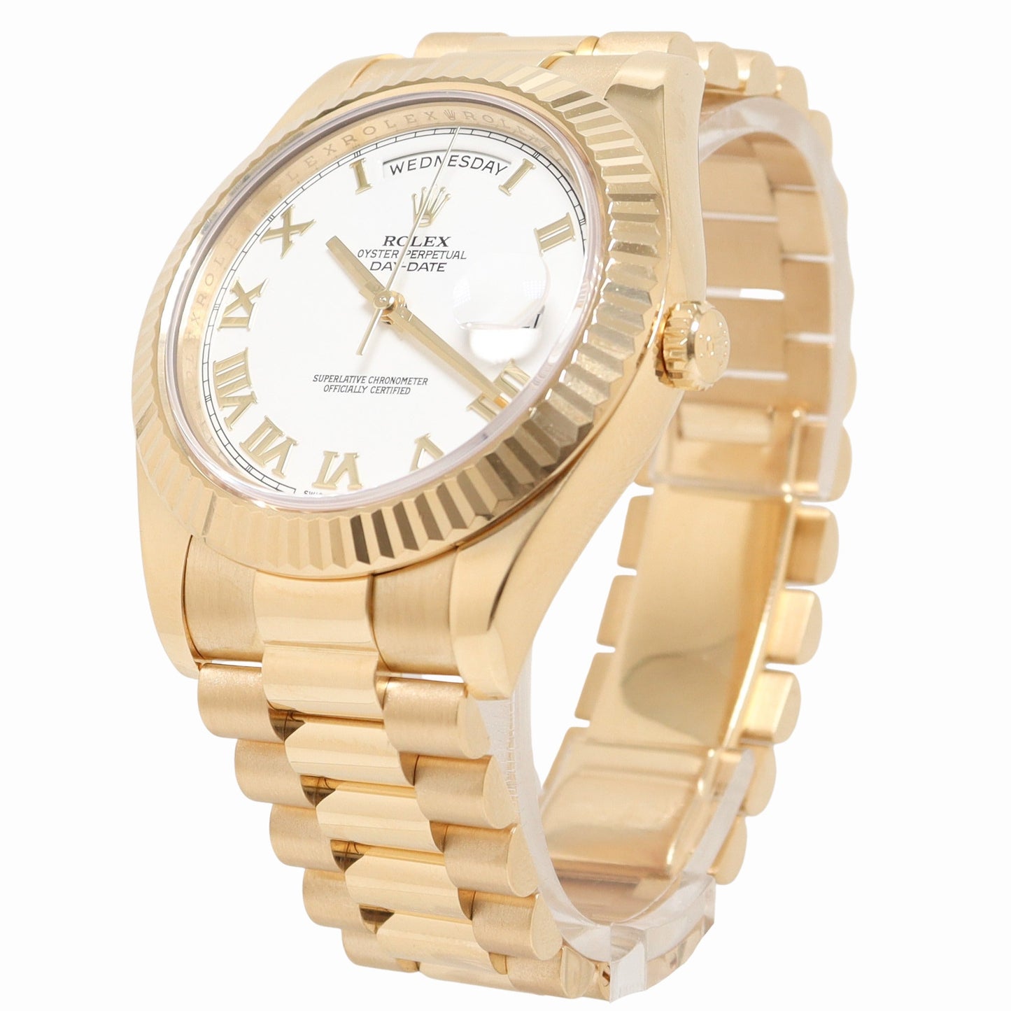 Rolex Day Date 41 Yellow Gold White Roman Dial Watch Reference# 218238 - Happy Jewelers Fine Jewelry Lifetime Warranty