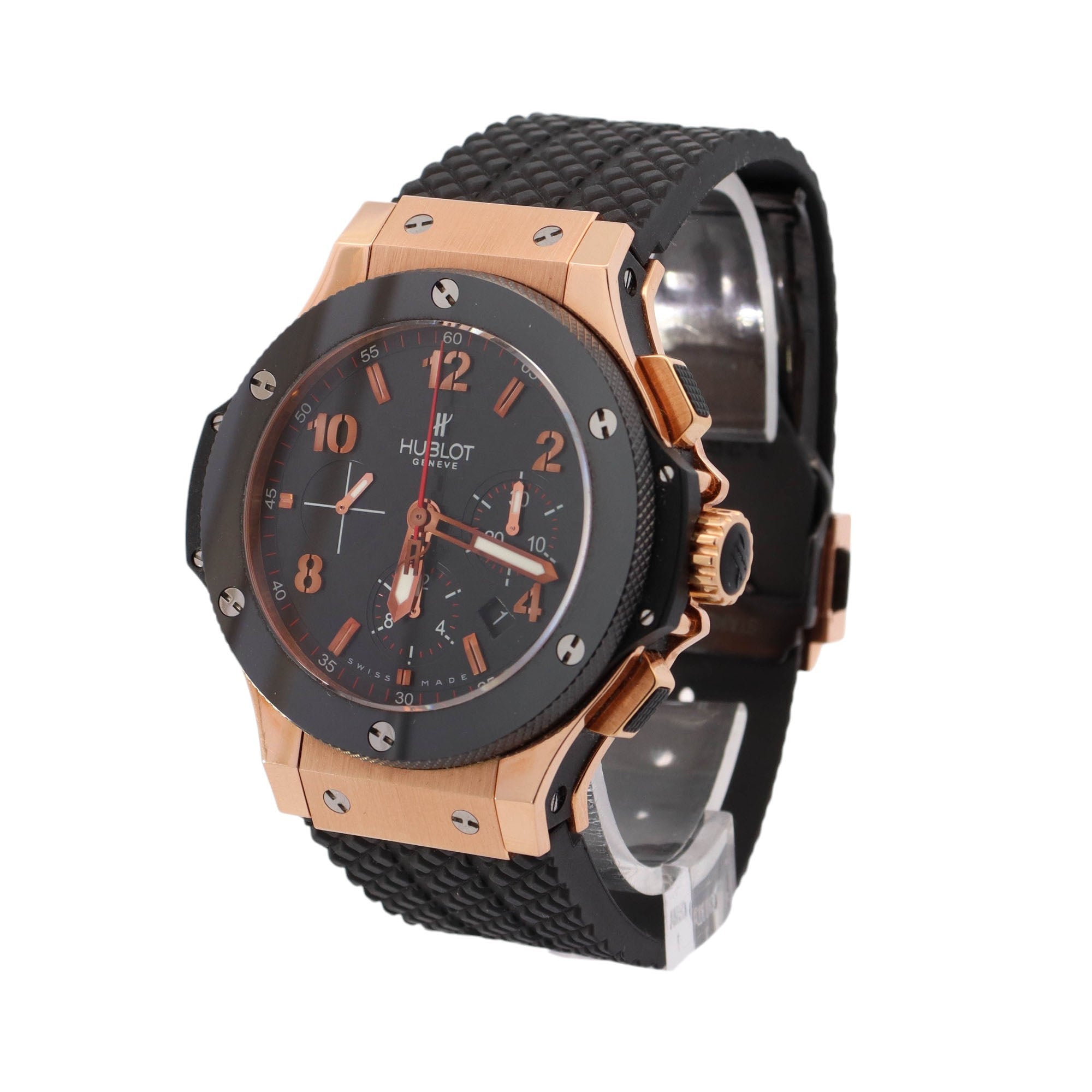 Hublot Mens Big Bang 18K Rose Gold 44mm Black Chronograph Arabic & Stick Dial Watch Ref# 301.PB.131.RX - Happy Jewelers Fine Jewelry Lifetime Warranty