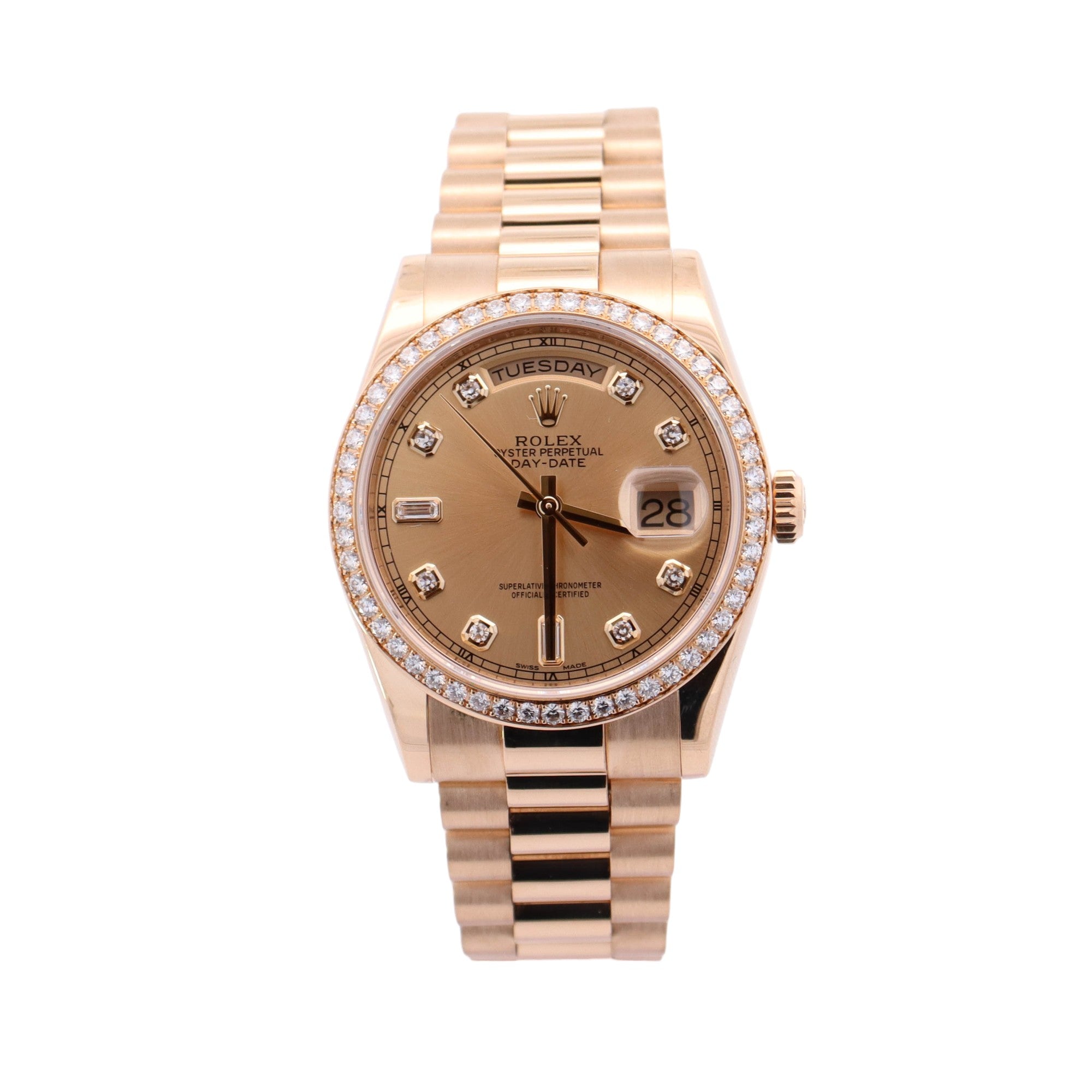 Rolex Day-Date Yellow Gold 36mm Champagne Diamond Dot Dial Watch Reference #: 118348 - Happy Jewelers Fine Jewelry Lifetime Warranty