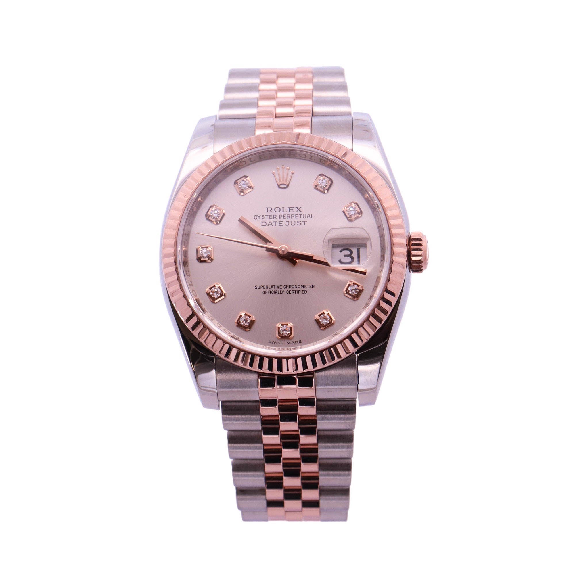 Rolex Datejust Two Tone Rose Gold & Stainless Steel 36mm Pink Diamond Dial Watch Reference #: 116231 - Happy Jewelers Fine Jewelry Lifetime Warranty