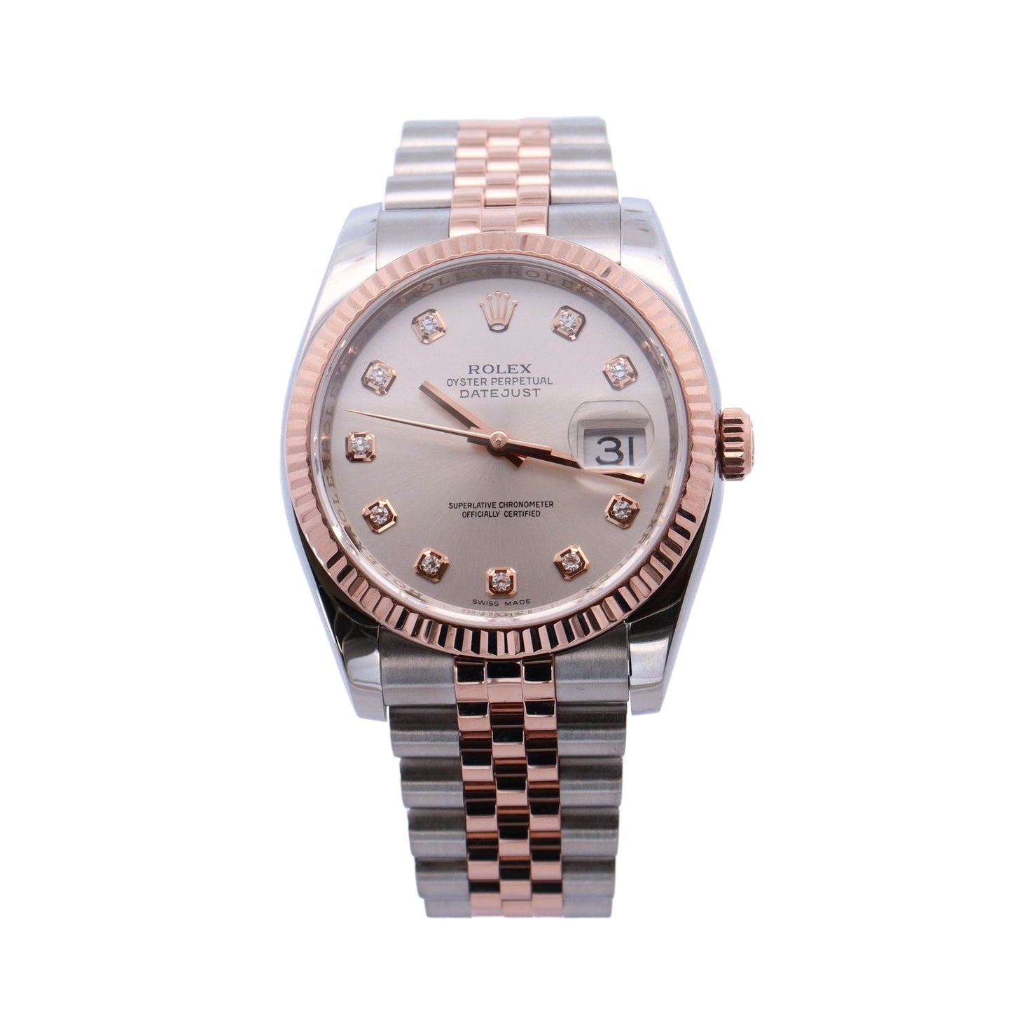 Rolex Datejust Two-Tone Rose Gold & Stainless Steel 36mm Silver Diamond Dot Dial Watch Reference #: 116231 - Happy Jewelers Fine Jewelry Lifetime Warranty