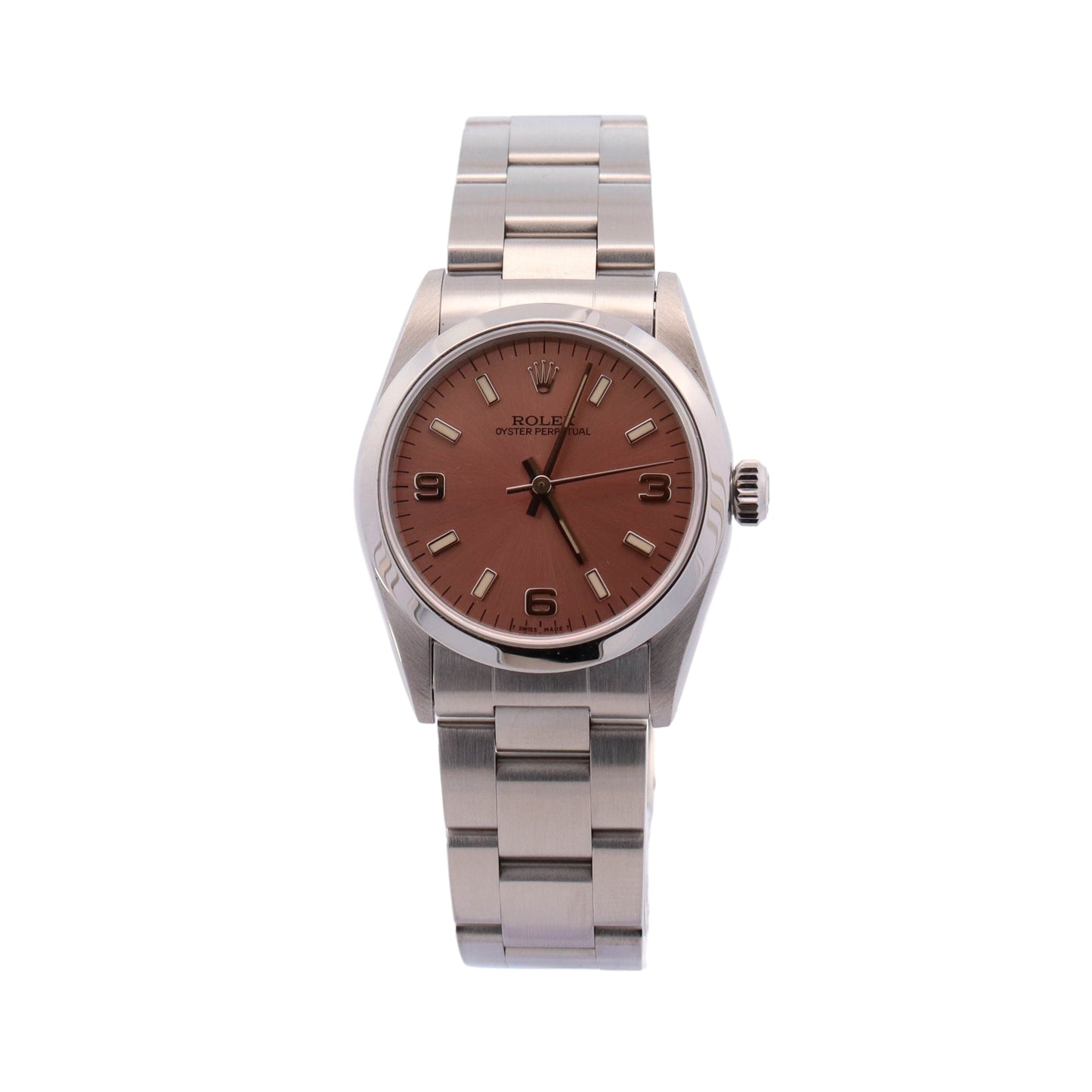 Rolex Oyster Perpetual Stainless Steel 31mm Salmon Stick Dial Watch Reference #: 177200 - Happy Jewelers Fine Jewelry Lifetime Warranty