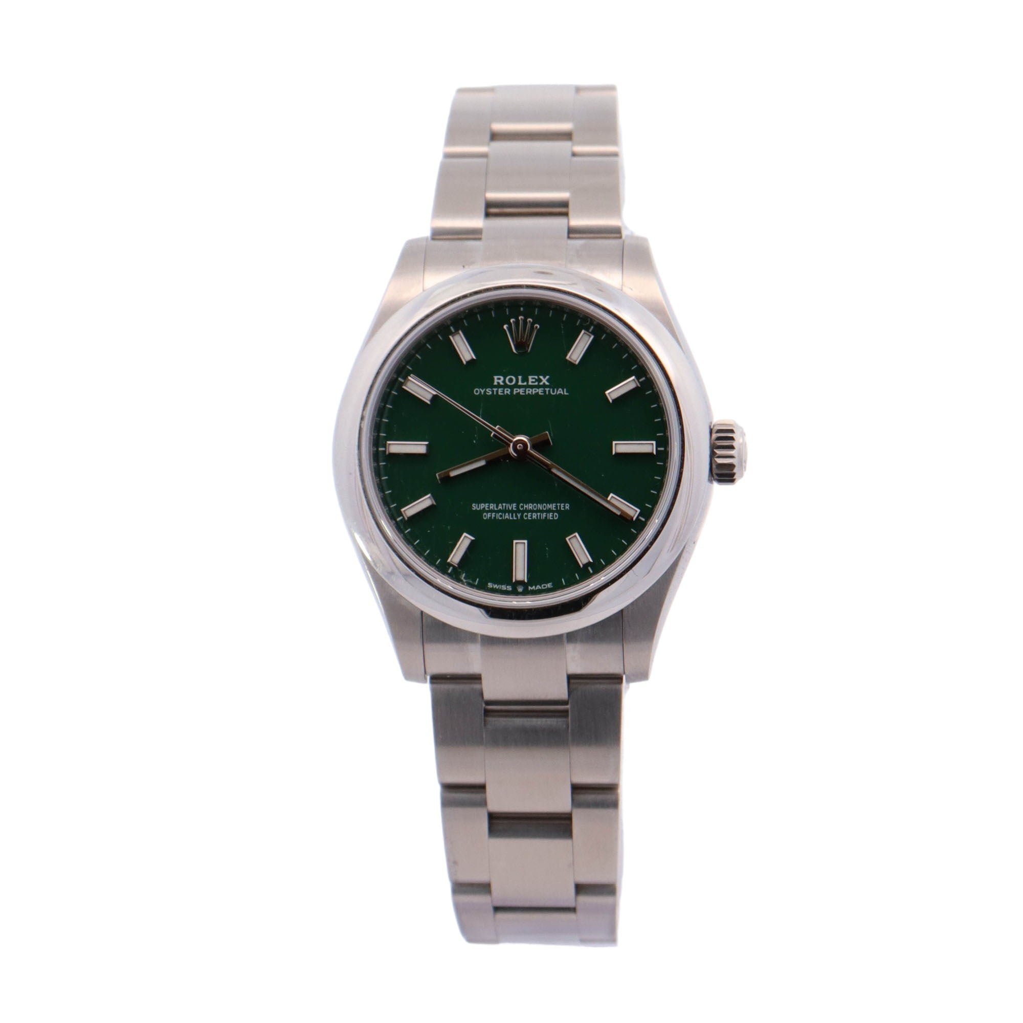 Rolex Oyster Perpetual Stainless Steel 31mm Green Stick Dial Watch Ref# 277200 - Happy Jewelers Fine Jewelry Lifetime Warranty